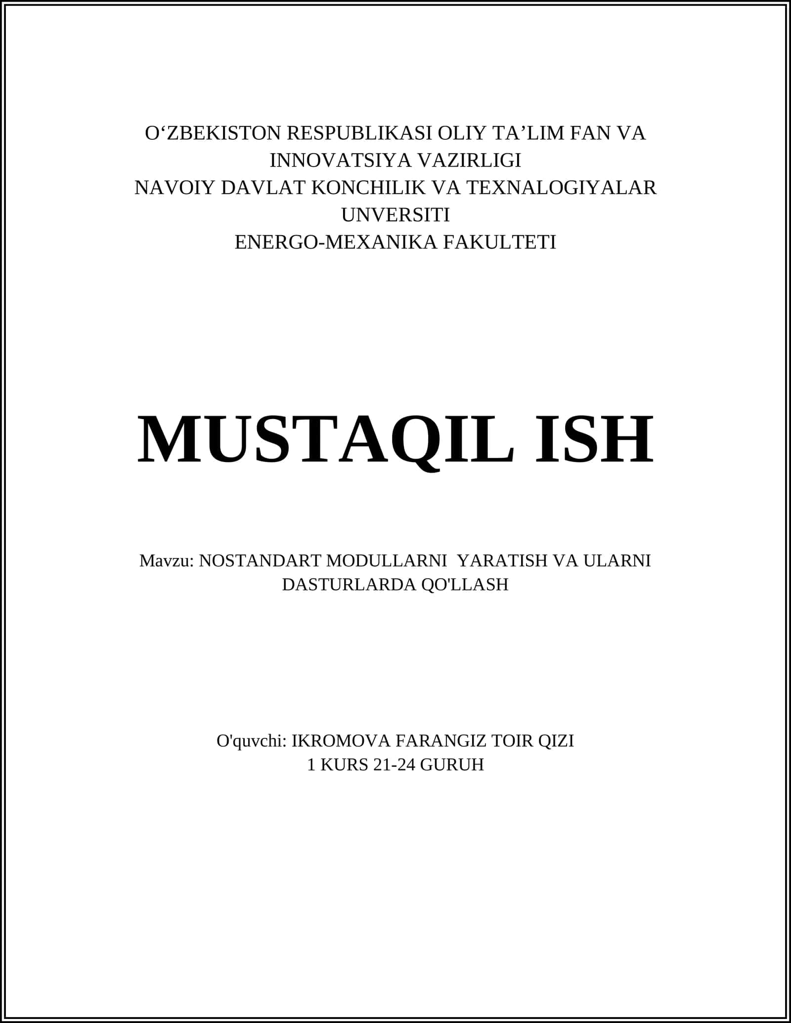 NOSTANDART MODULLARNI YARATISH VA ULARNI DASTURLARDA QO'LLASH