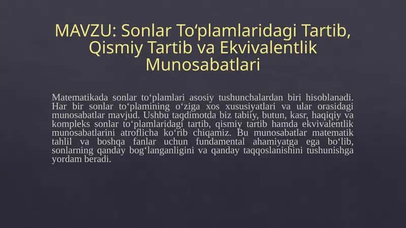 sonlar toplamidagi tartib qismiy tartib va ekvivalentlik