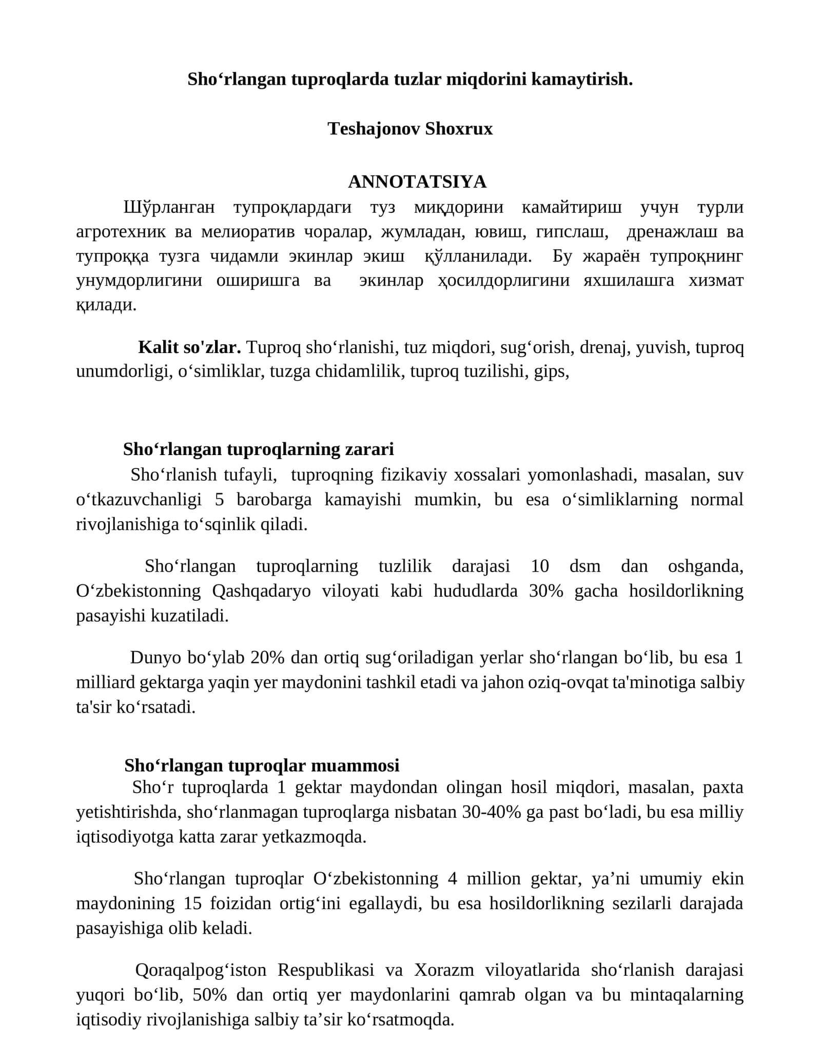 Tuproqlarda tuz miqdorini kamaytirish
