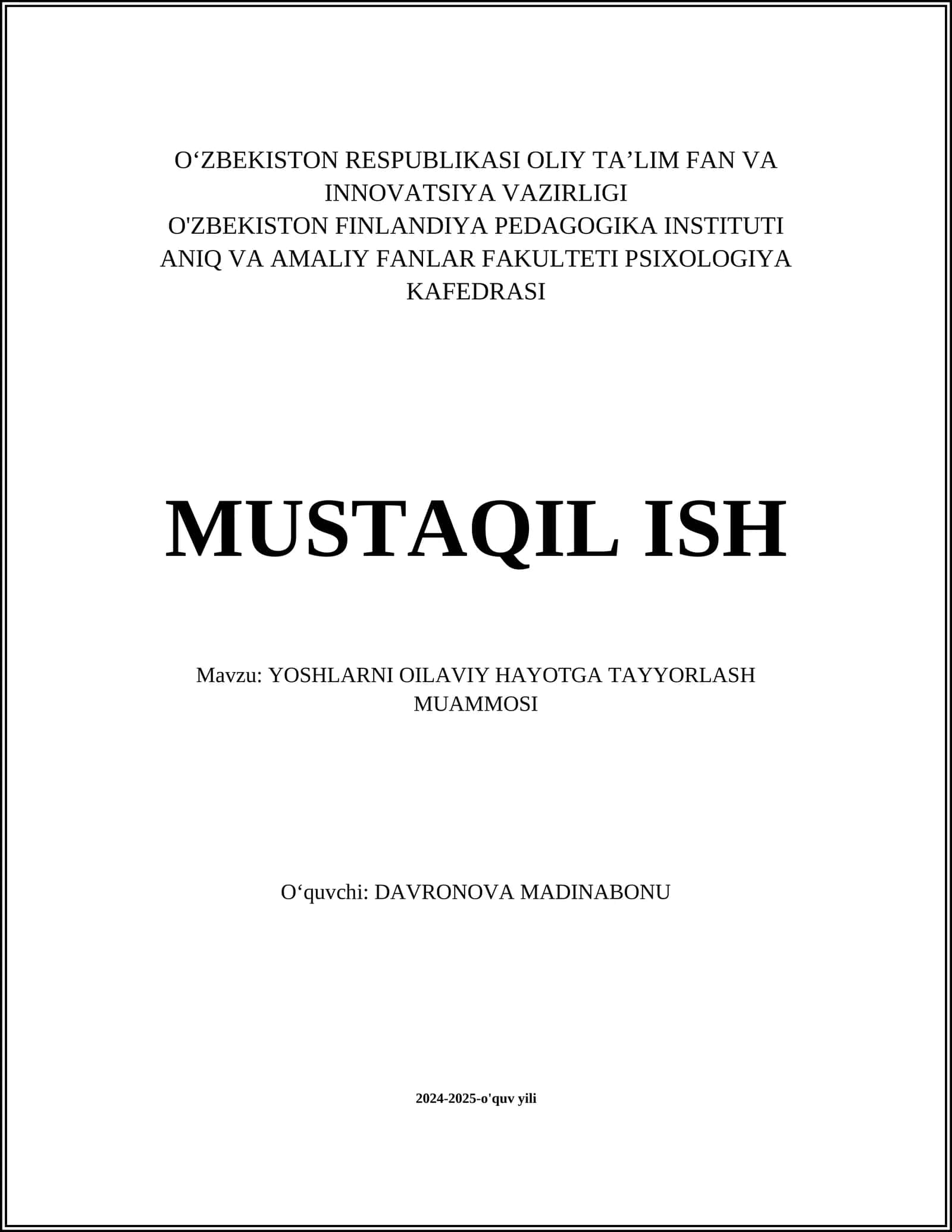 Yoshlarning oila qurishga tayyorlik darajasi