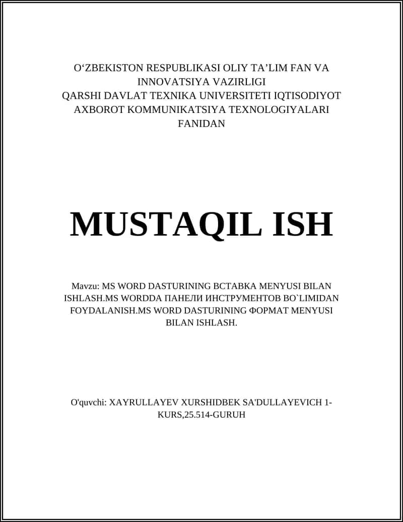 MS Wordda Vstavka (Insert) menyusi bilan ishlash