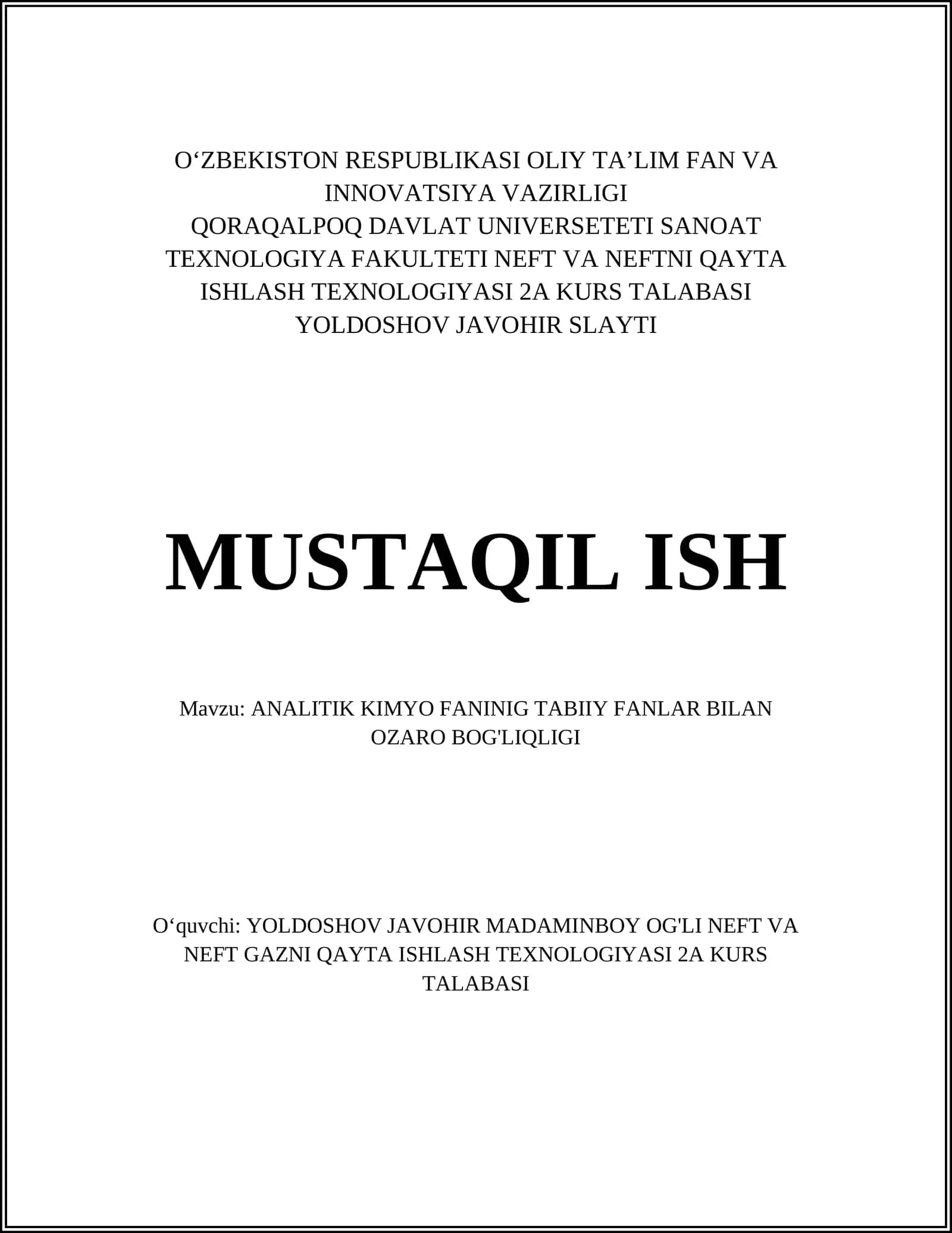 ANALITIK KIMYO FANINIG TABIIY FANLAR BILAN OZARO BOG'LIQLIGI