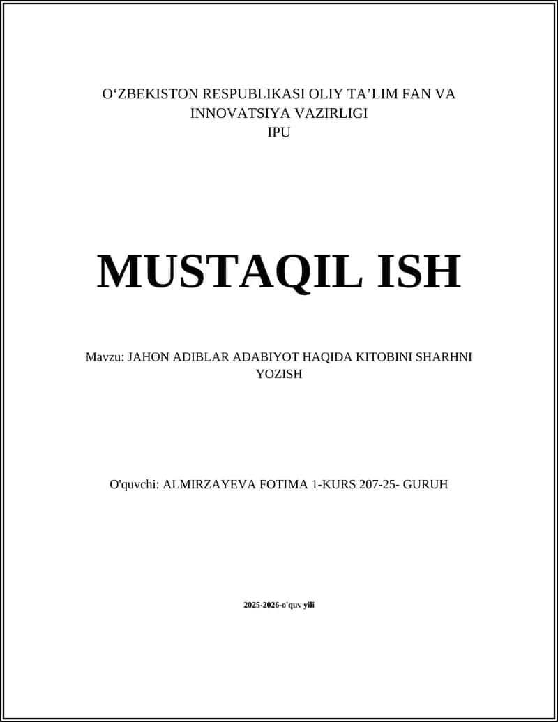 JAHON ADIBLAR ADABIYOT HAQIDA KITOBINI SHARHNI YOZISH