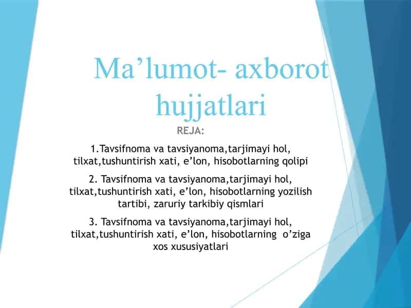 Mahsulot nomi: Ma’lumot-axborot hujjatlari