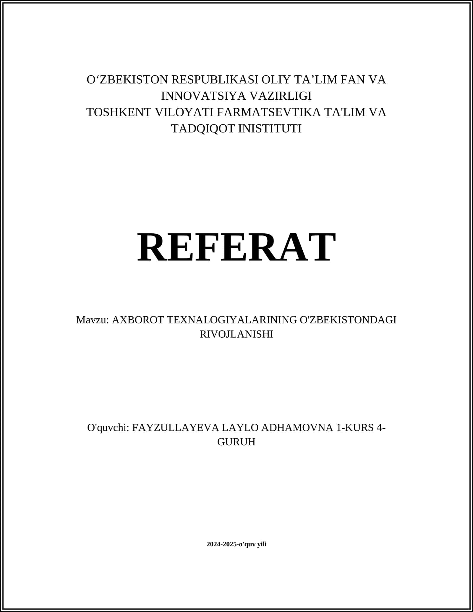AXBOROT TEXNALOGIYALARINING O'ZBEKISTONDAGI RIVOJLANISHI