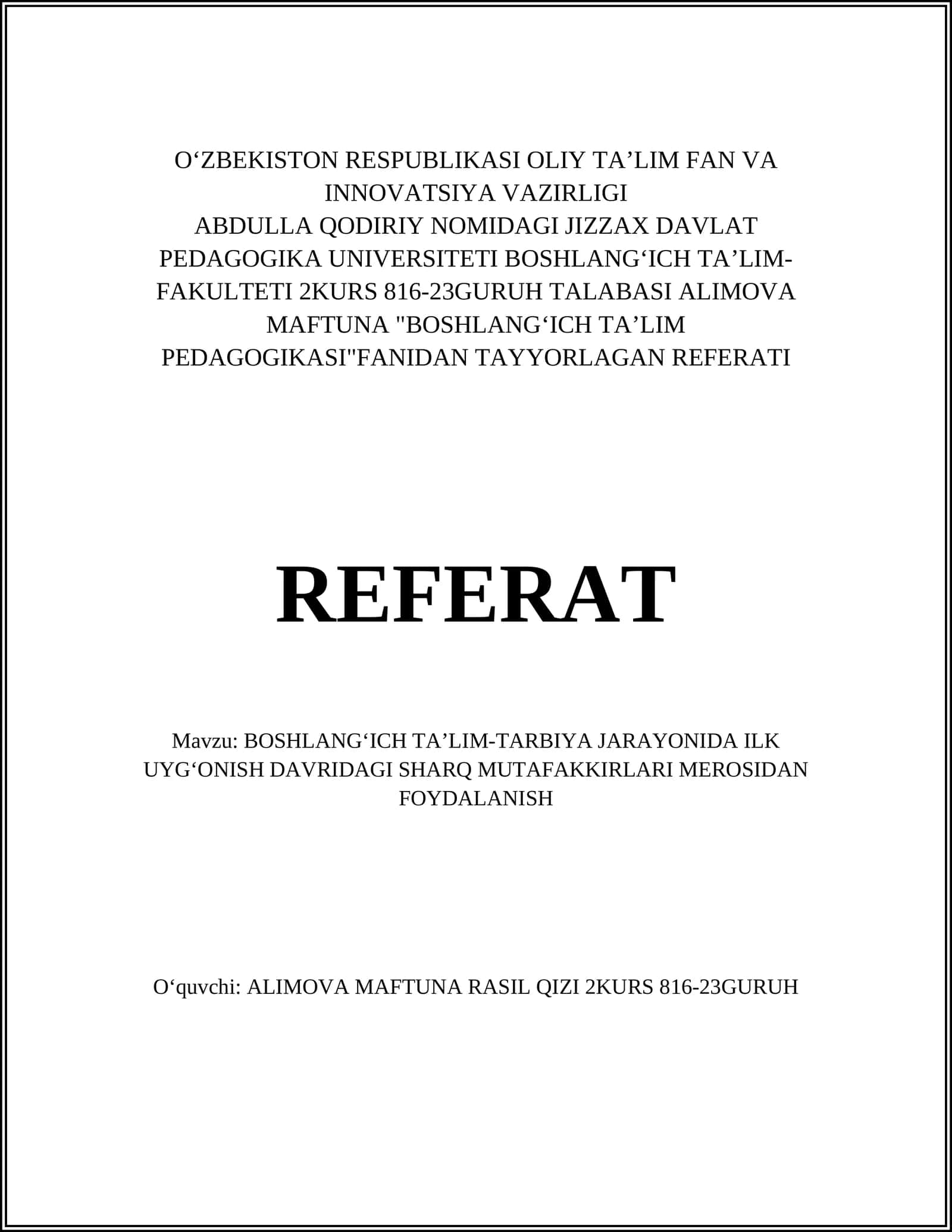 BOSHLANGʻICH TAʼLIM PEDAGOGIKASI