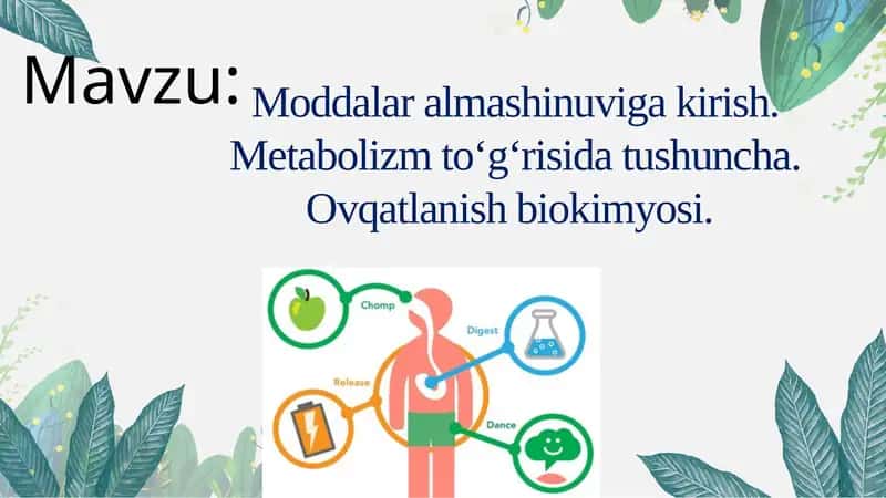 Moddalar almashinuviga kirish. Metabolizm to‘g‘risida tushuncha. Ovqatlanish biokimyosi.