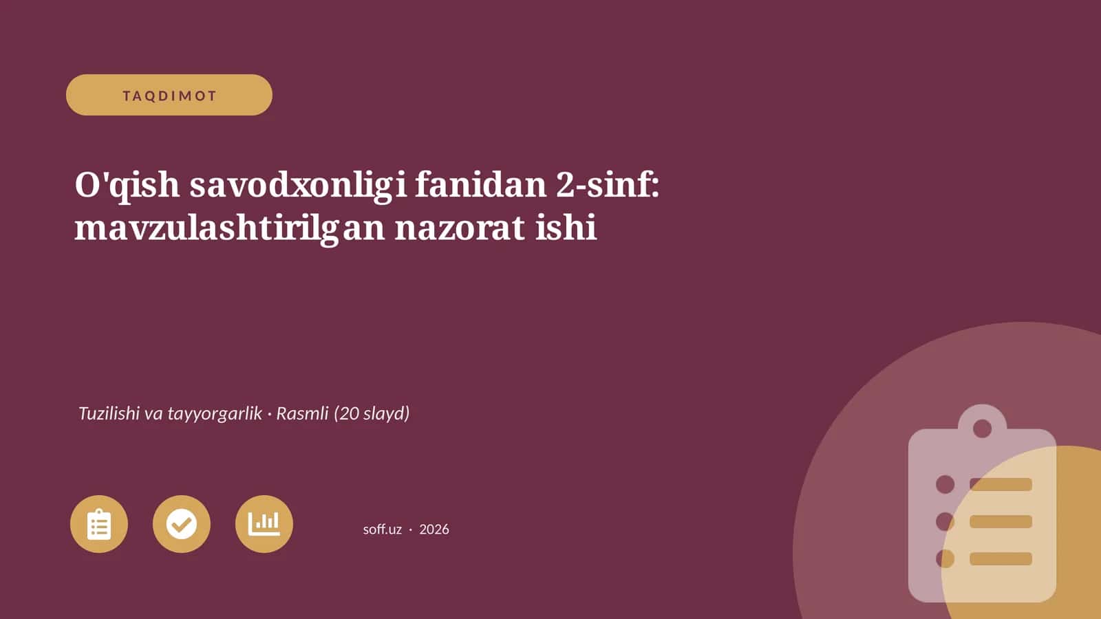 O'qish savodxonligi fanidan 2-sinf: mavzulashtirilgan nazorat ishi