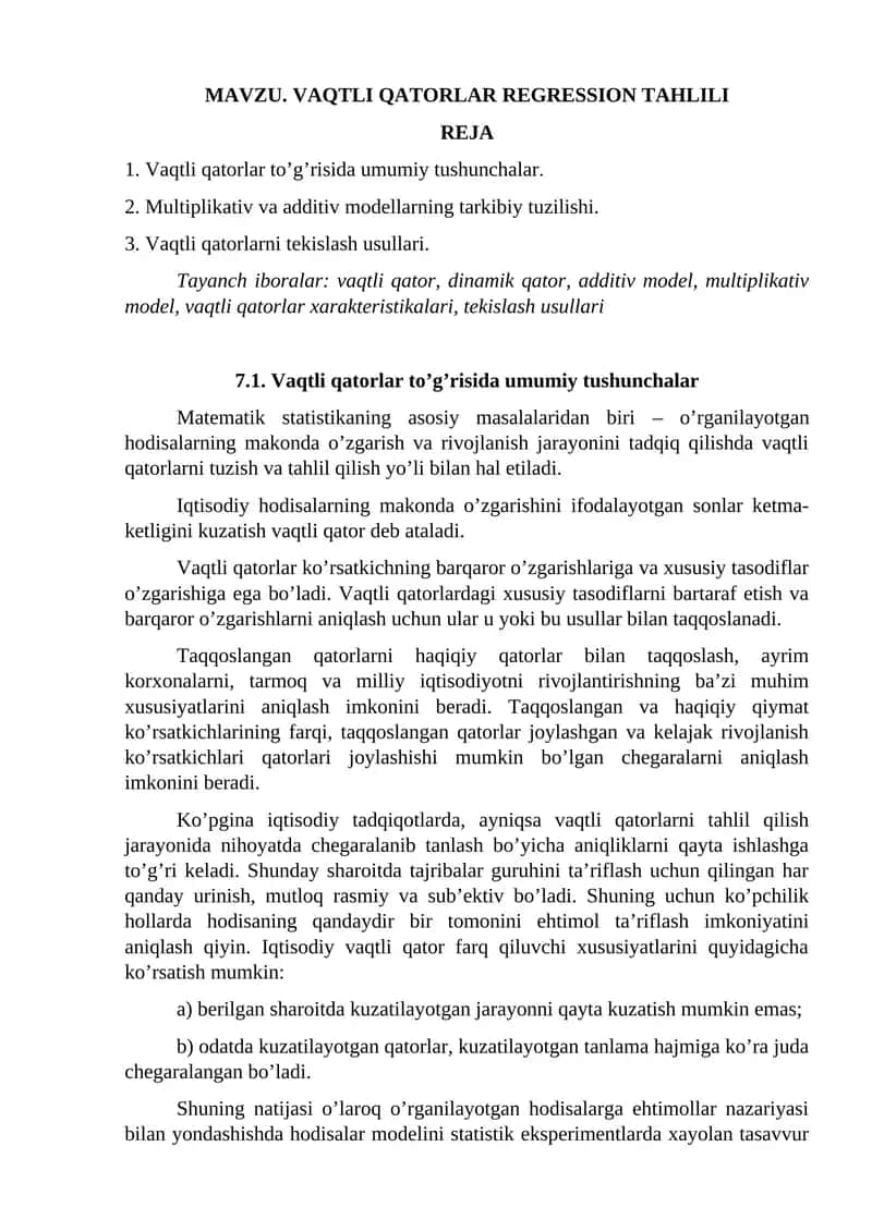 Vaqtli Qatorlar Regression Tahlili