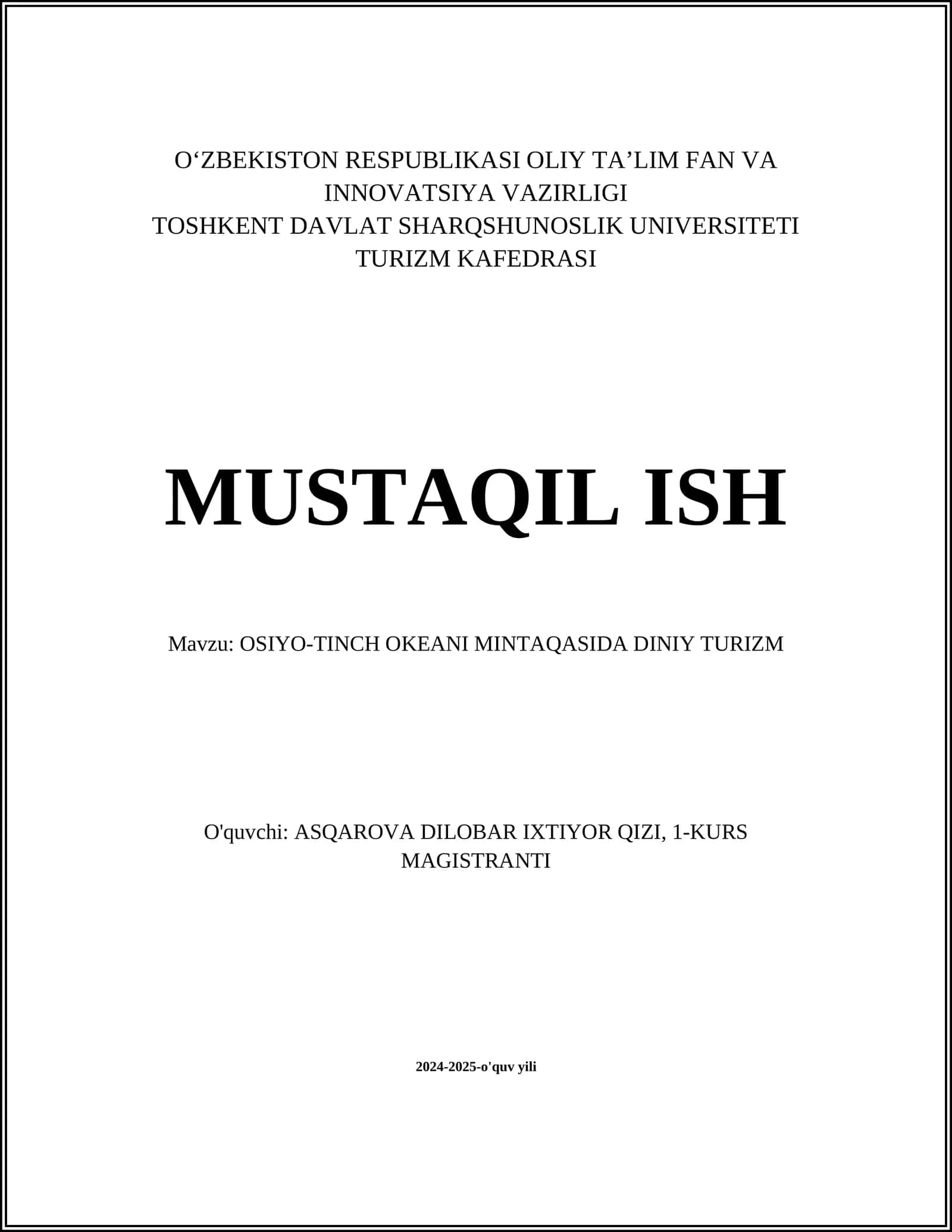 OSIYO-TINCH OKEANI MINTAQASIDA DINIY TURIZM