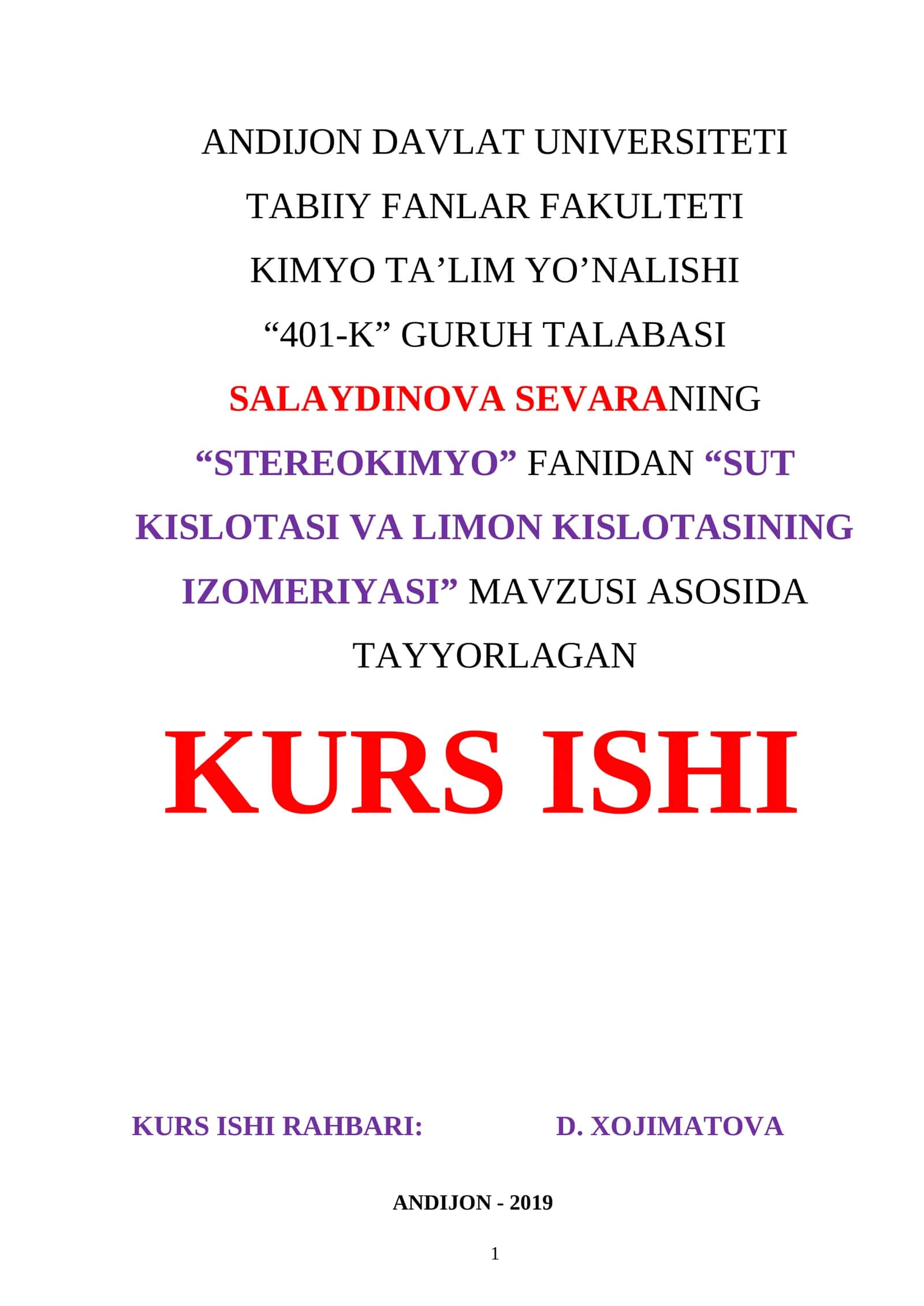 “Sut kislotasi va limon kislotasining izomeriyasi” mavzusi asosida tayyorlagan kurs ishi