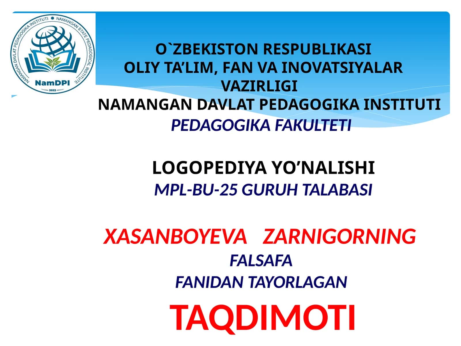 XASANBOYEVA ZARNIGORNING FALSAFA FANIDAN TAYORLAGAN TAQDIMOTI