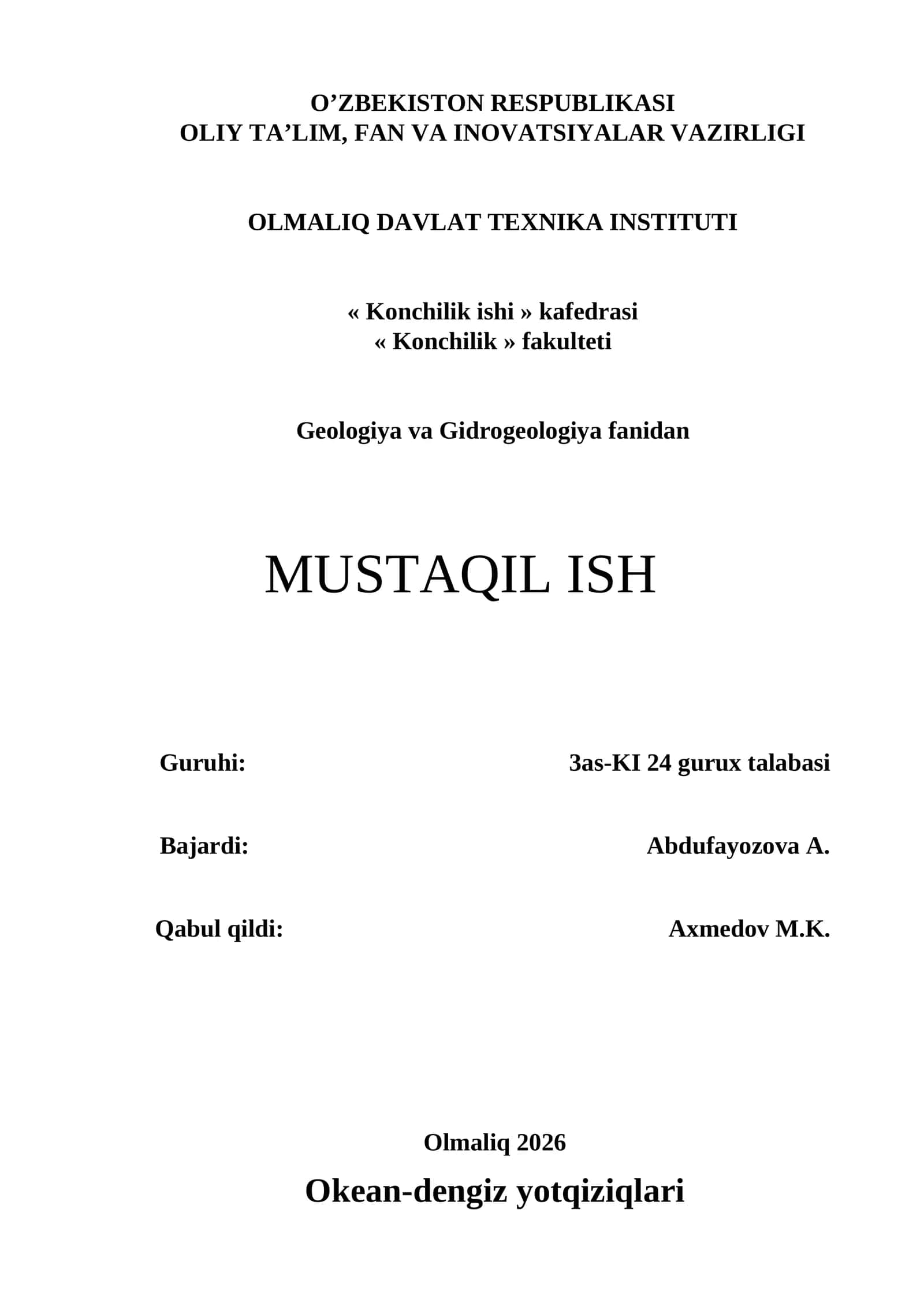 Geologiya va Gidrogeologiya fanidan MUSTAQIL ISH