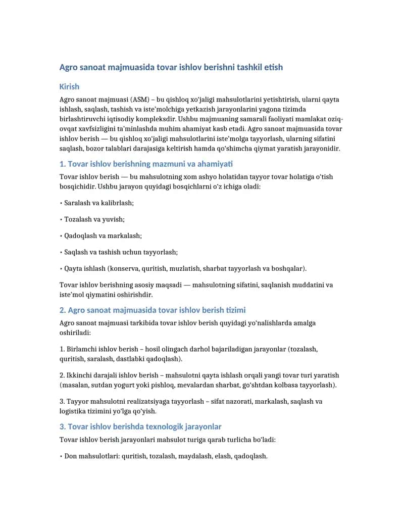 Agro sanoat majmuasida tovar ishlov berish