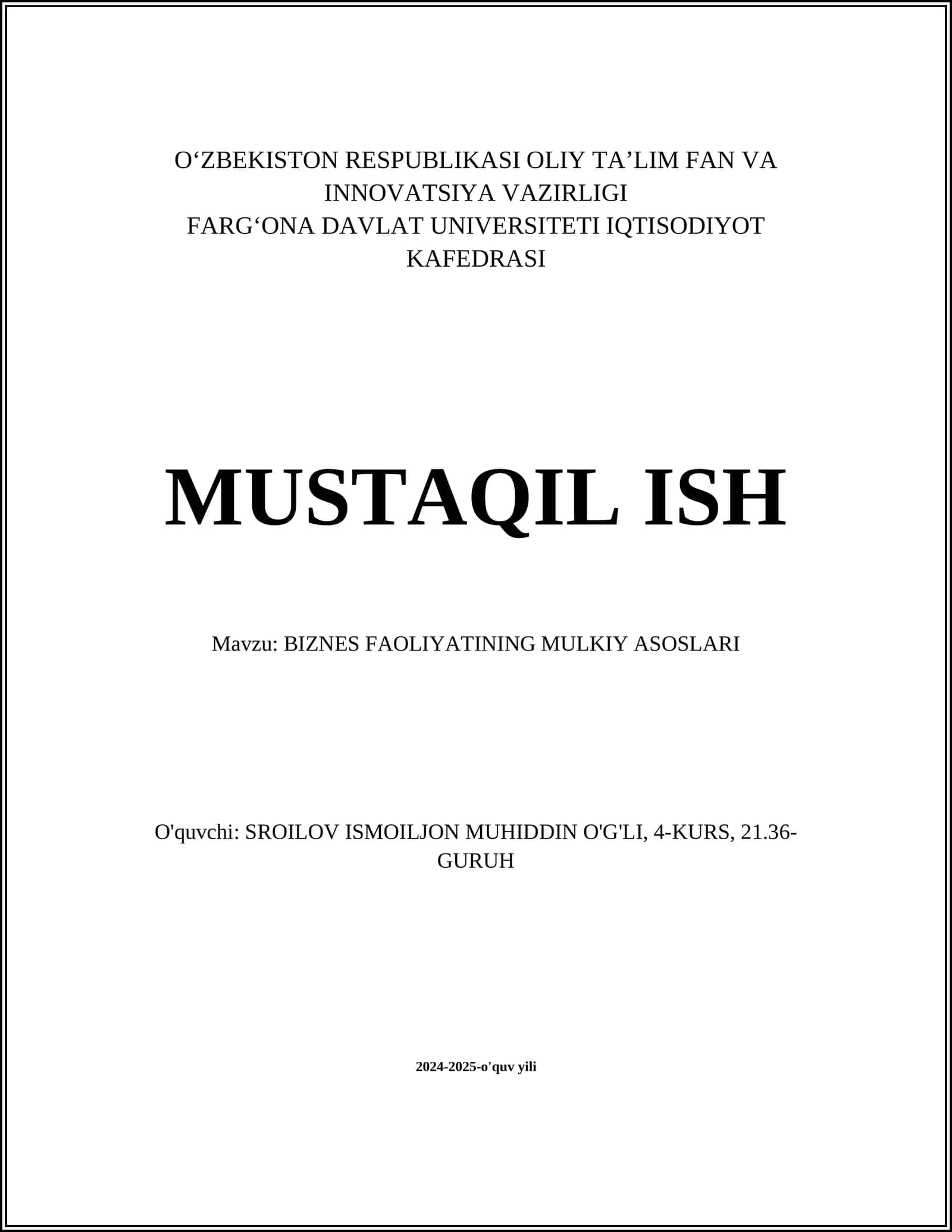 BIZNES FAOLIYATINING MULKIY ASOSLARI