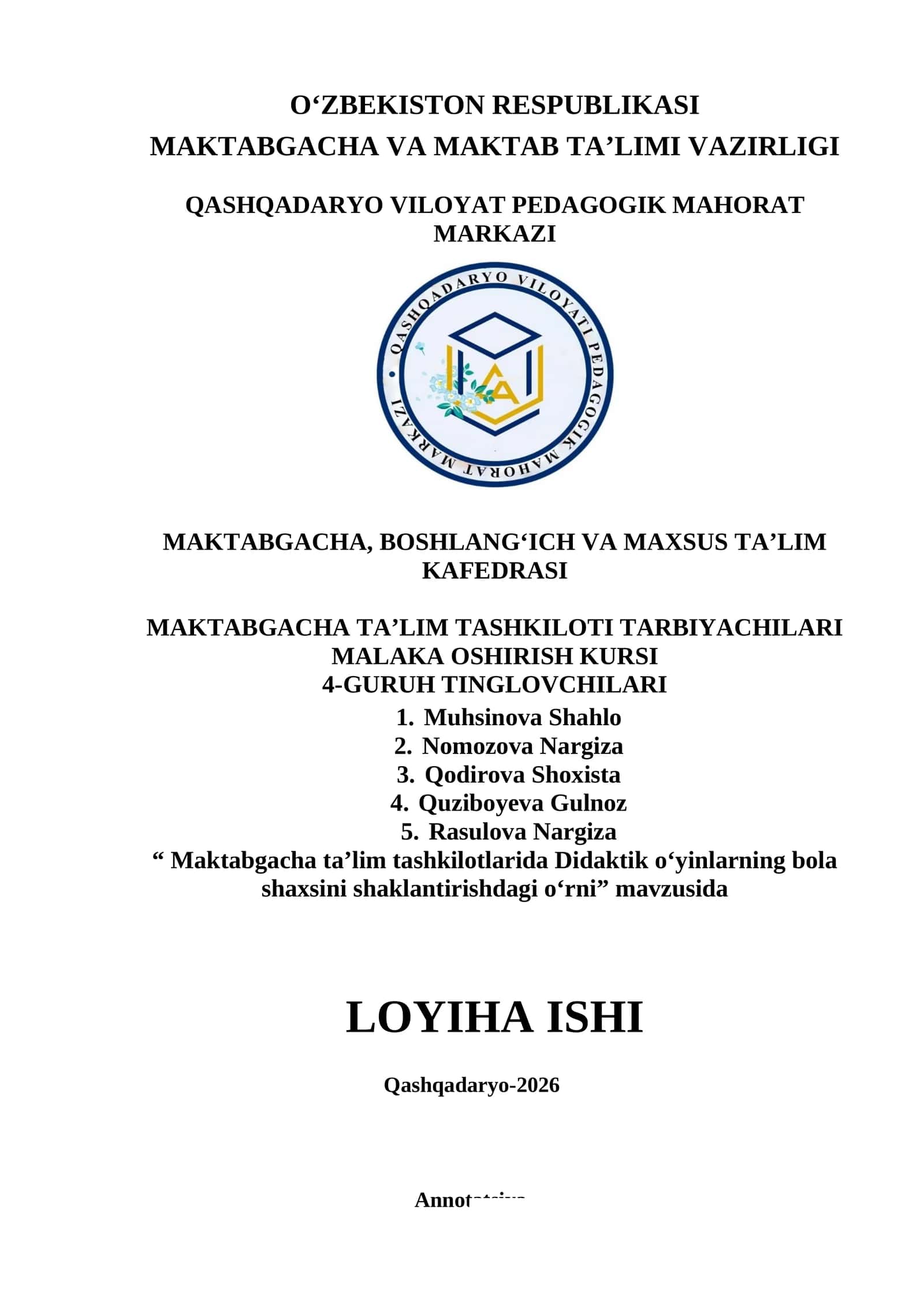 Maktabgacha ta’lim tashkilotlarida Didaktik o‘yinlarning bola shaxsini shaklantirishdagi o‘rni