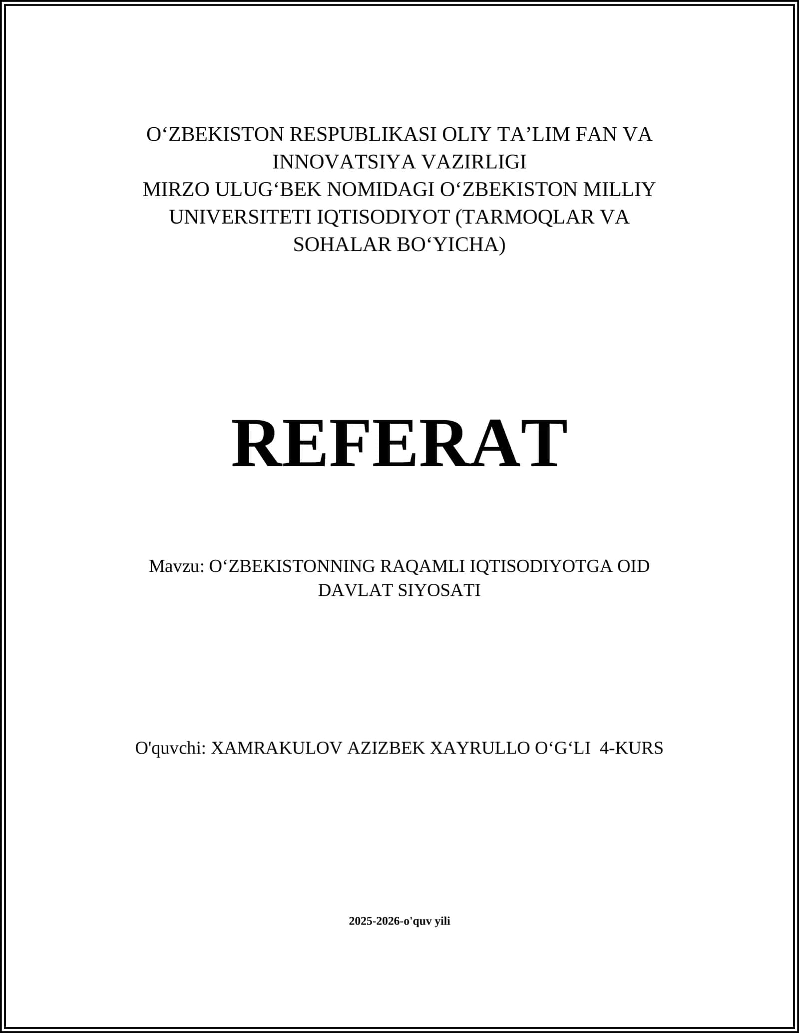 O‘ZBEKISTONNING RAQAMLI IQTISODIYOTGA OID DAVLAT SIYOSATI