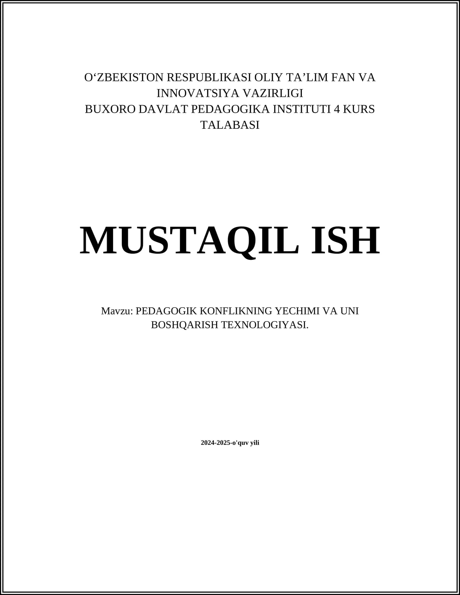 PEDAGOGIK KONFLIKNING YECHIMI VA UNI BOSHQARISH TEXNOLOGIYASI