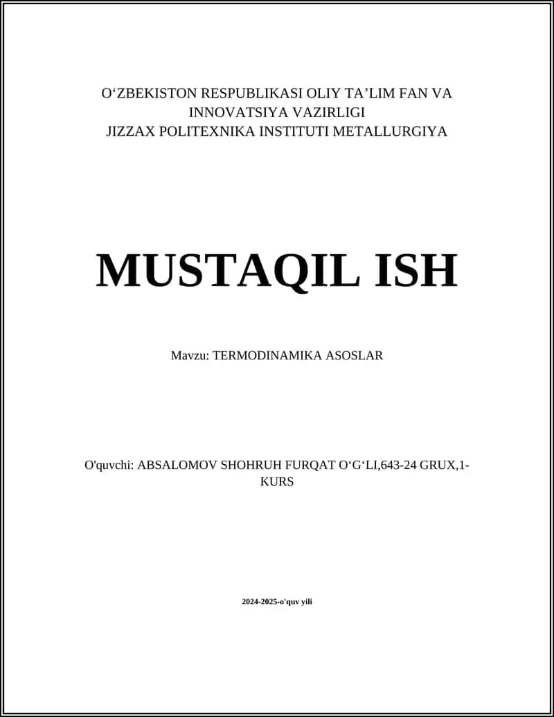 TERMODINAMIKA ASOSLAR