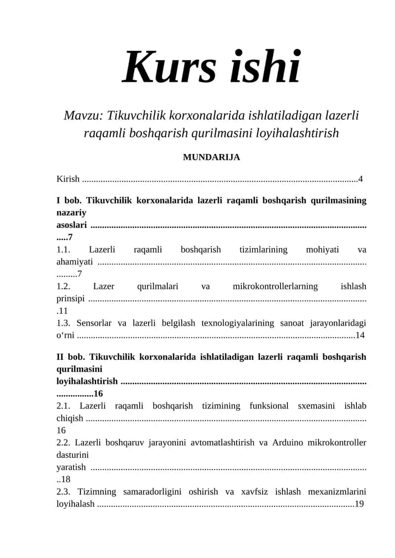 Tikuvchilik korxonalarida ishlatiladigan lazerli raqamli boshqarish qurilmasini loyihalashtirish