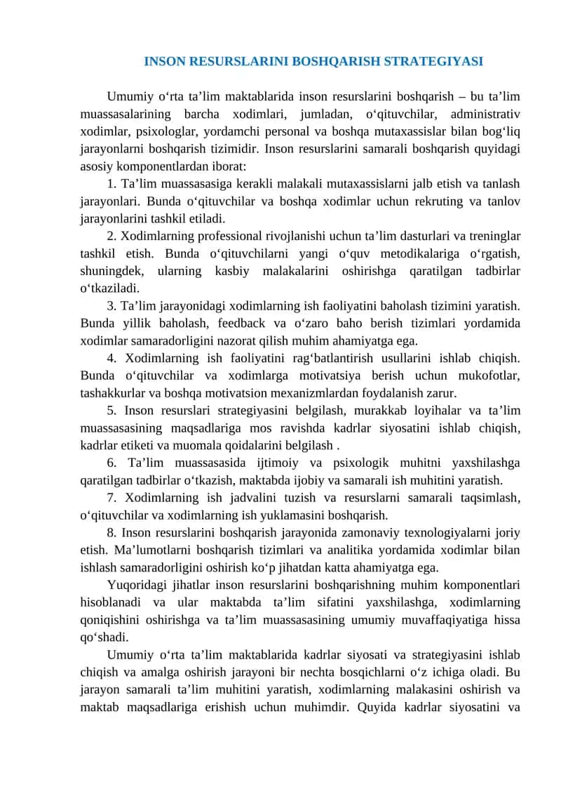 INSON RESURSLARINI BOSHQARISH STRATEGIYASI