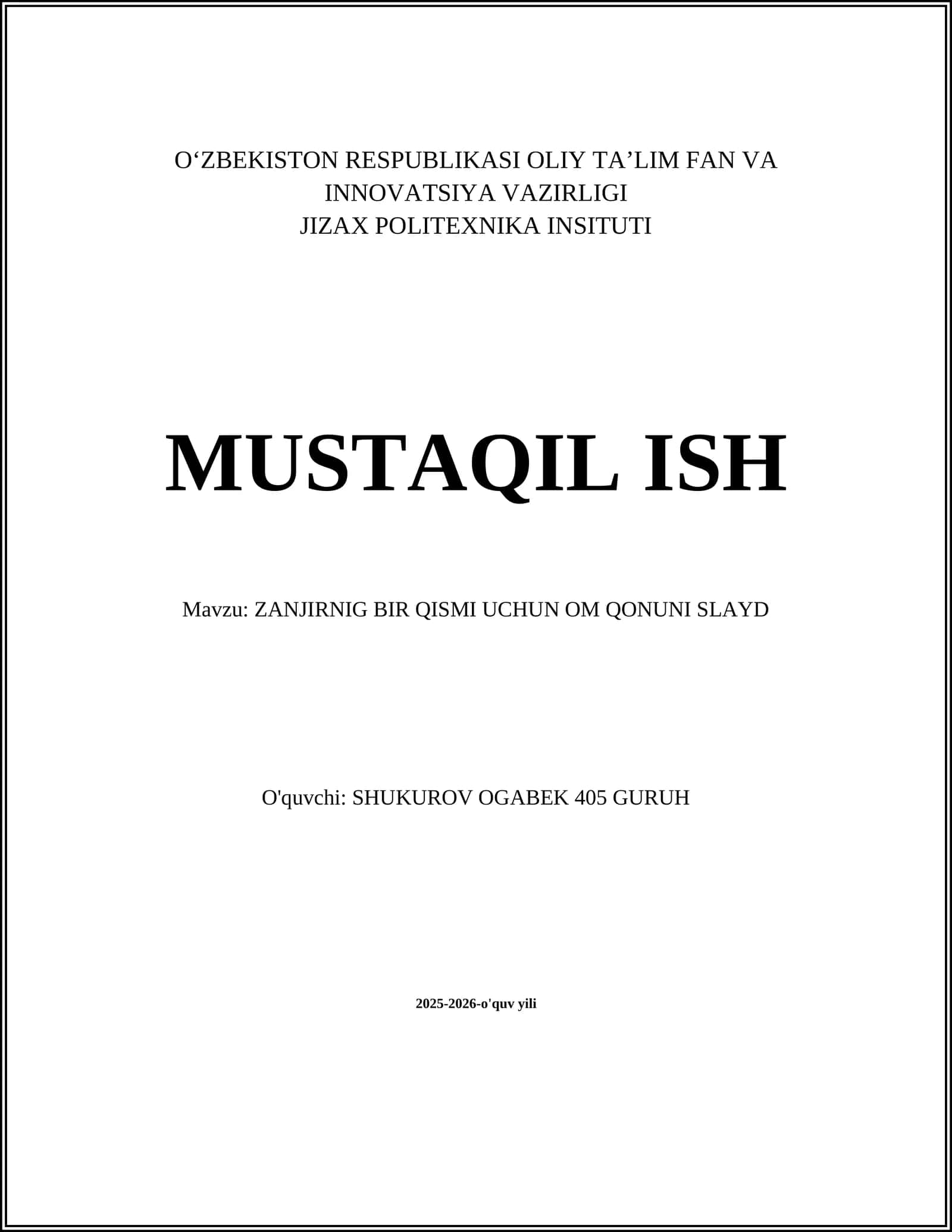 ZANJIRNIG BIR QISMI UCHUN OM QONUNI SLAYD