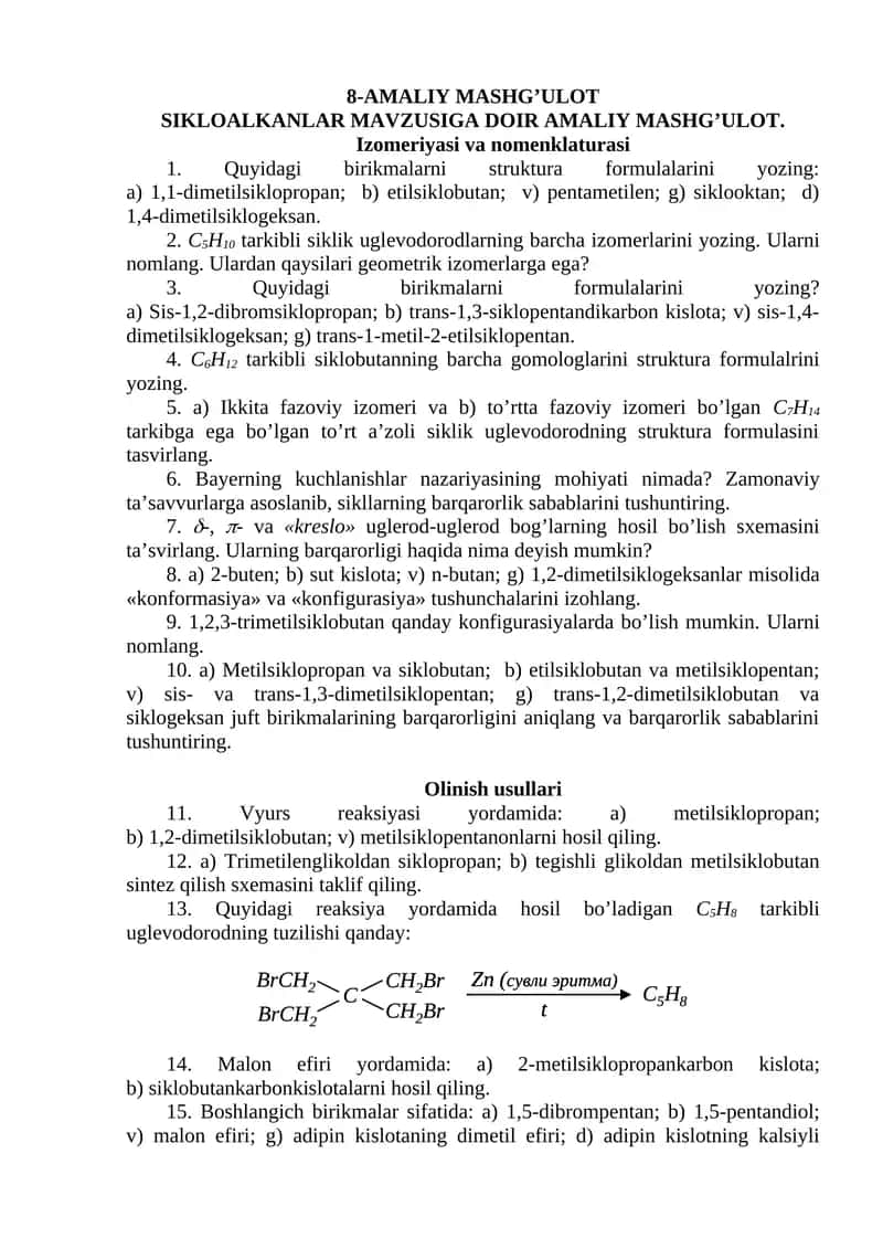 SIKLOALKANLAR MAVZUSIGA DOIR AMALIY MASHG’ULOT