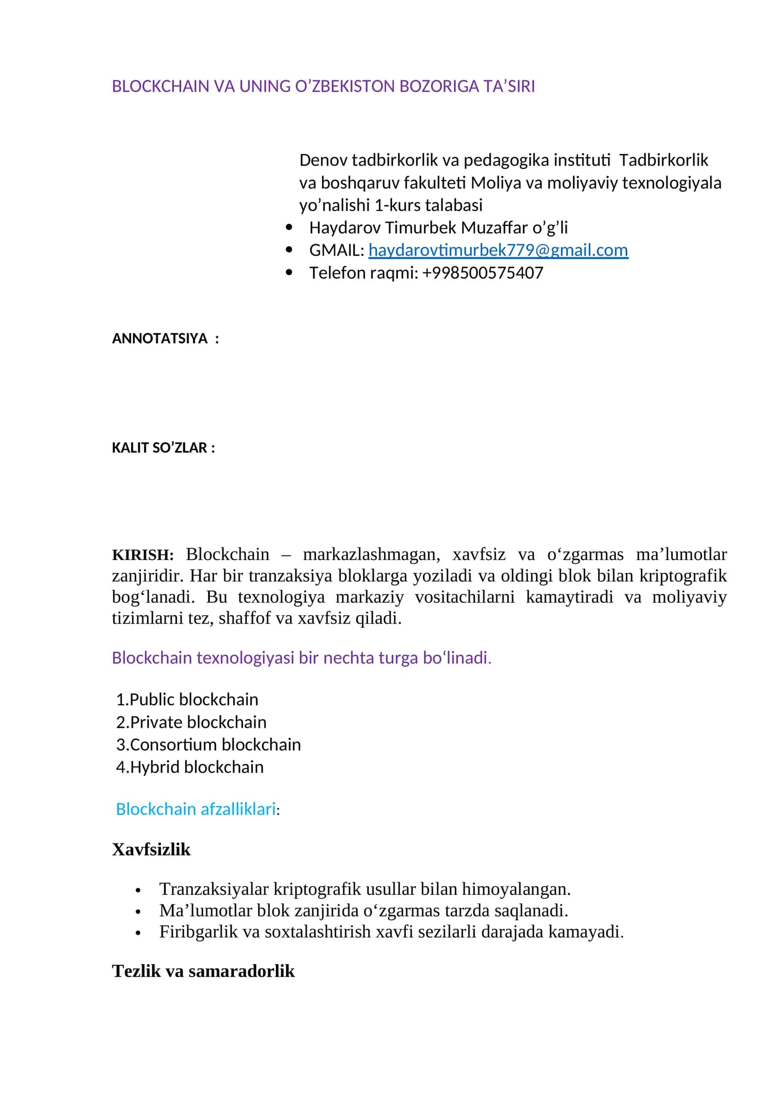 Blockchain va uning O'zbekiston bozoriga ta'siri