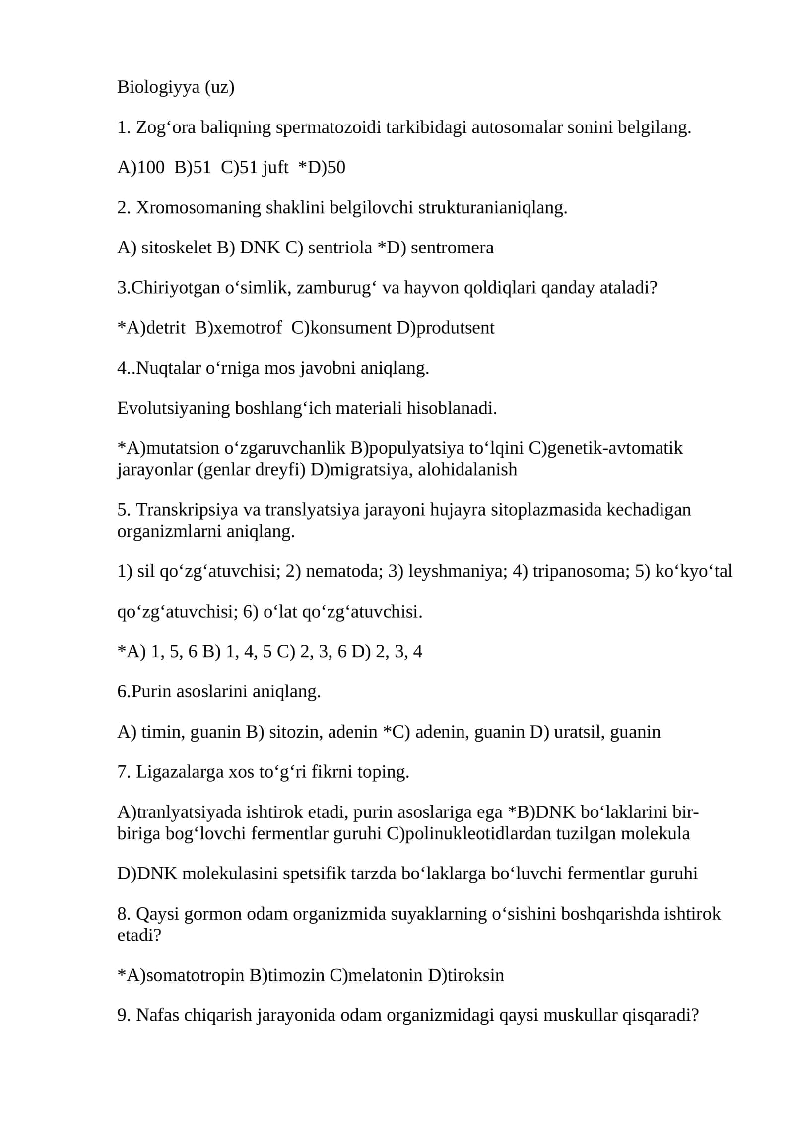 biologiya olimpiyada savol-javoblari bilan