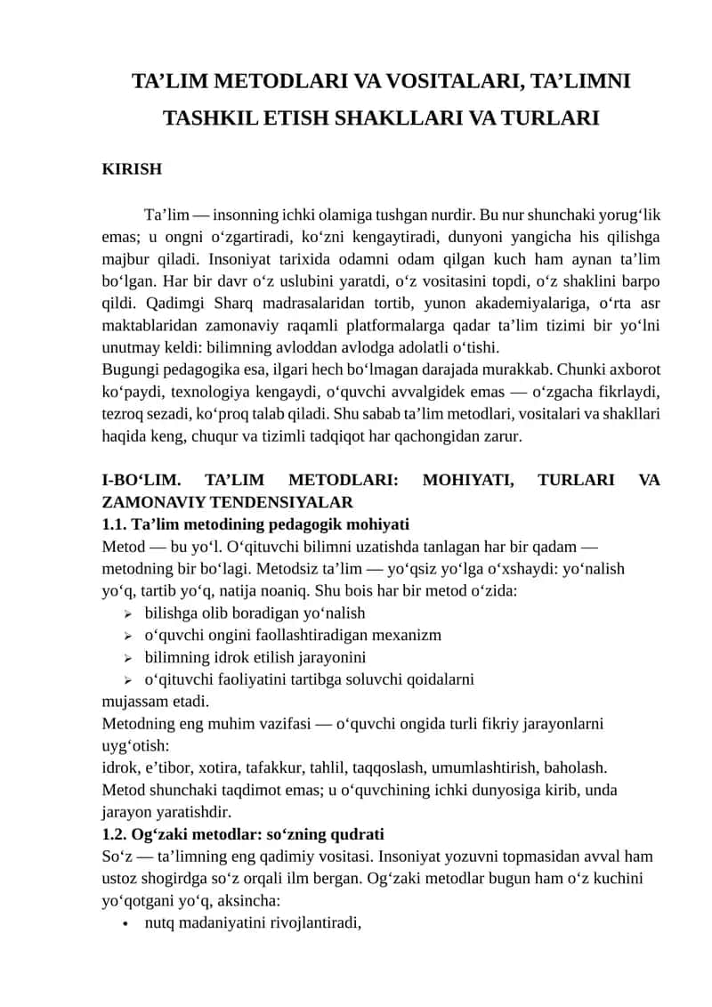 TA’LIM METODLARI VA VOSITALARI, TA’LIMNI TASHKIL ETISH SHAKLLARI VA TURLARI
