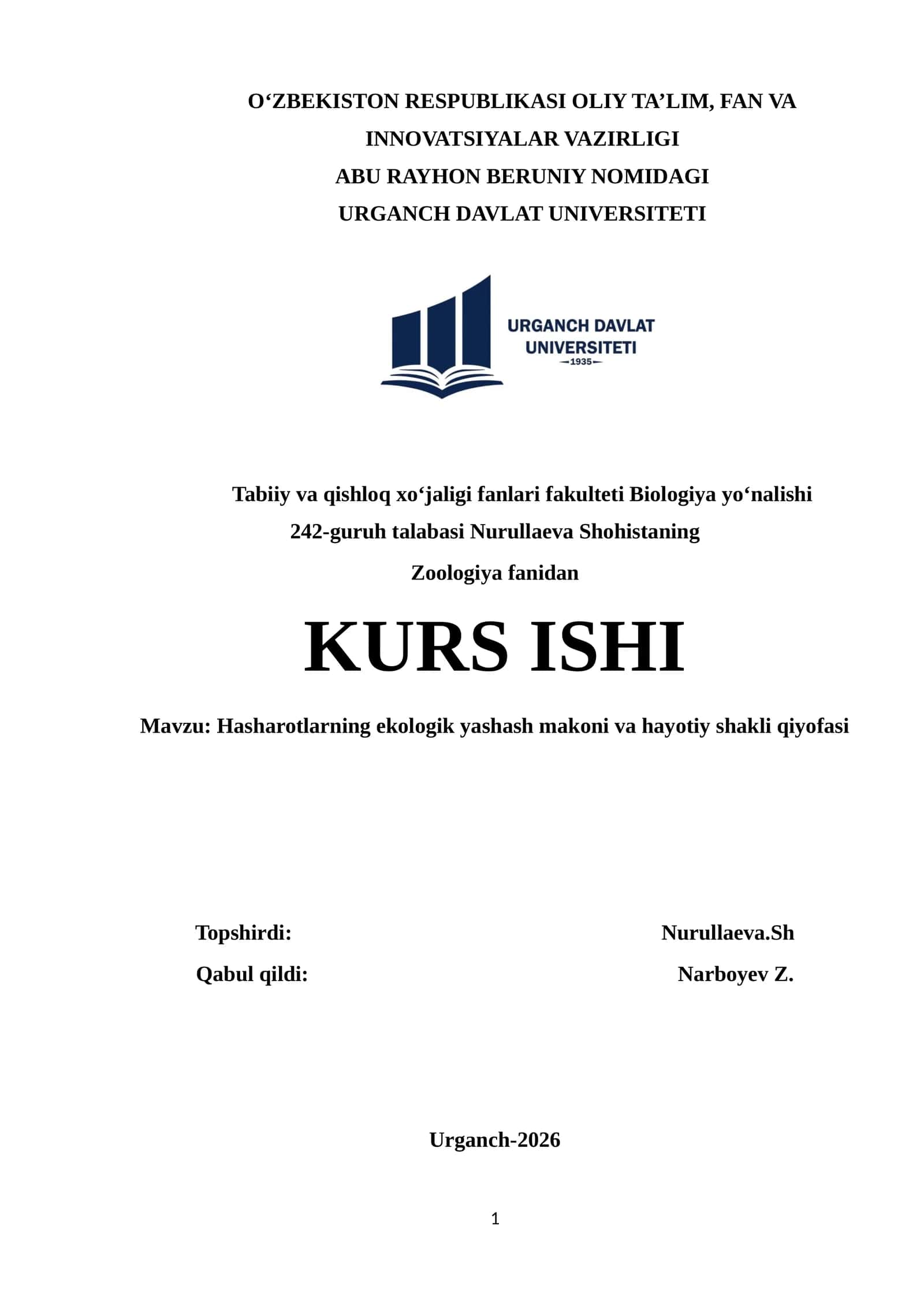 Hasharotlarning ekologik yashash makoni va hayotiy shakli qiyofasi