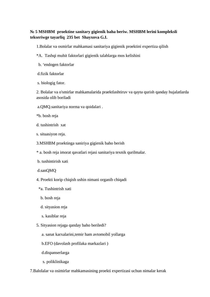 № 5 MSHBM proektine sanitary gigienik baha beriw. MSHBM lerini kompleksli tekseriwge tayarliq