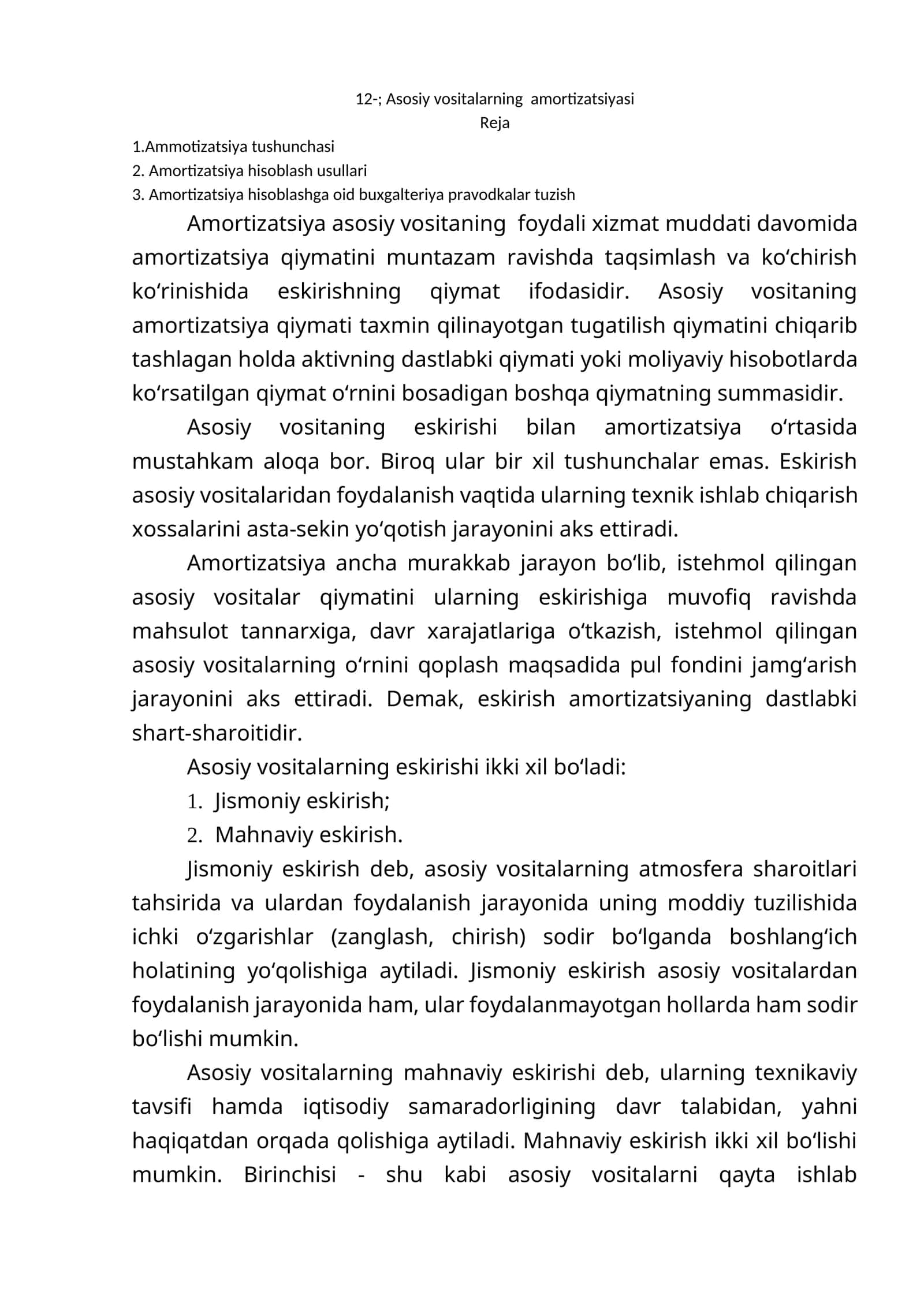 Asosiy vositalarning amortizatsiyasi