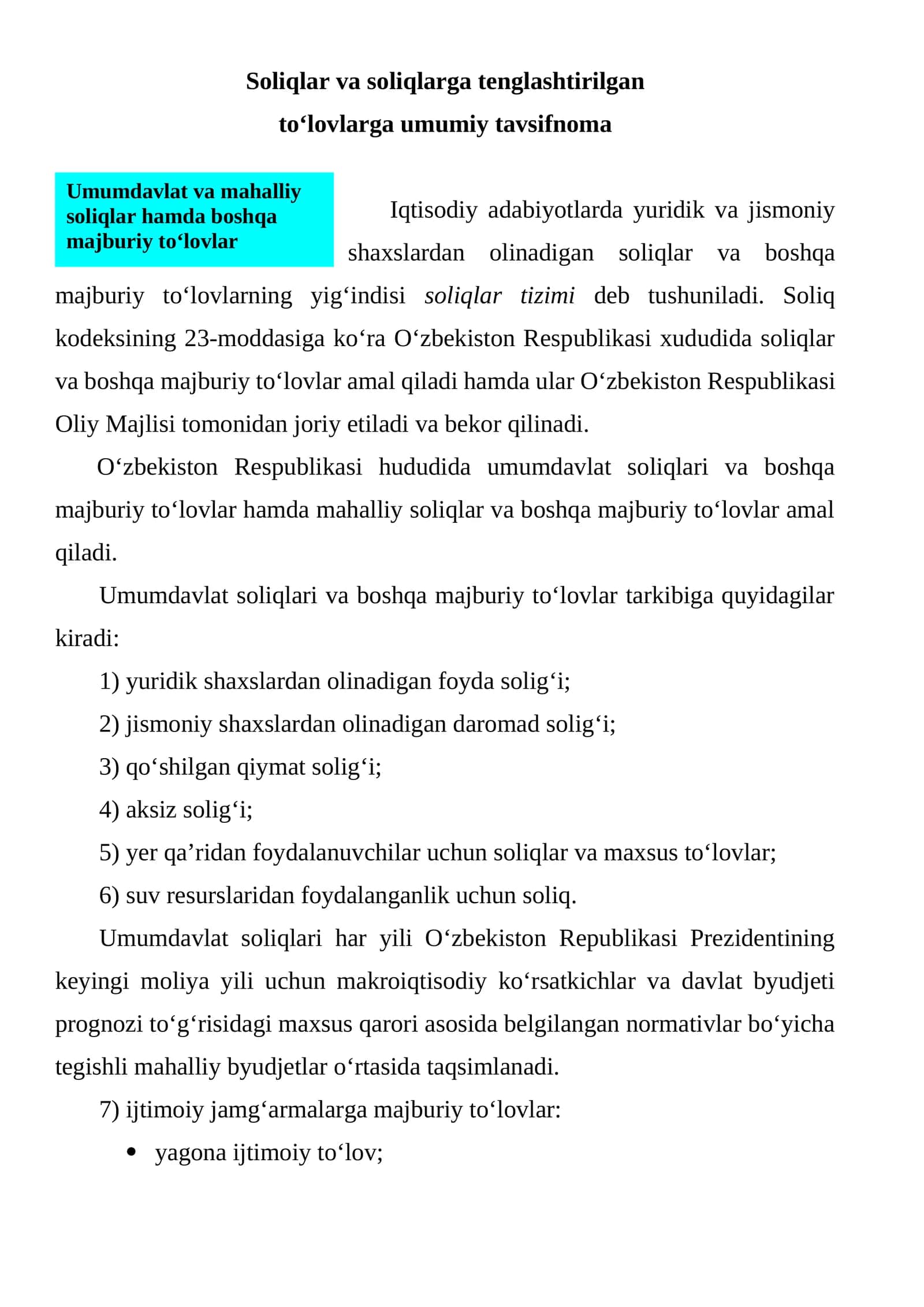 Soliqlar va soliqlarga tenglashtirilgan to‘lovlarga umumiy tavsifnoma