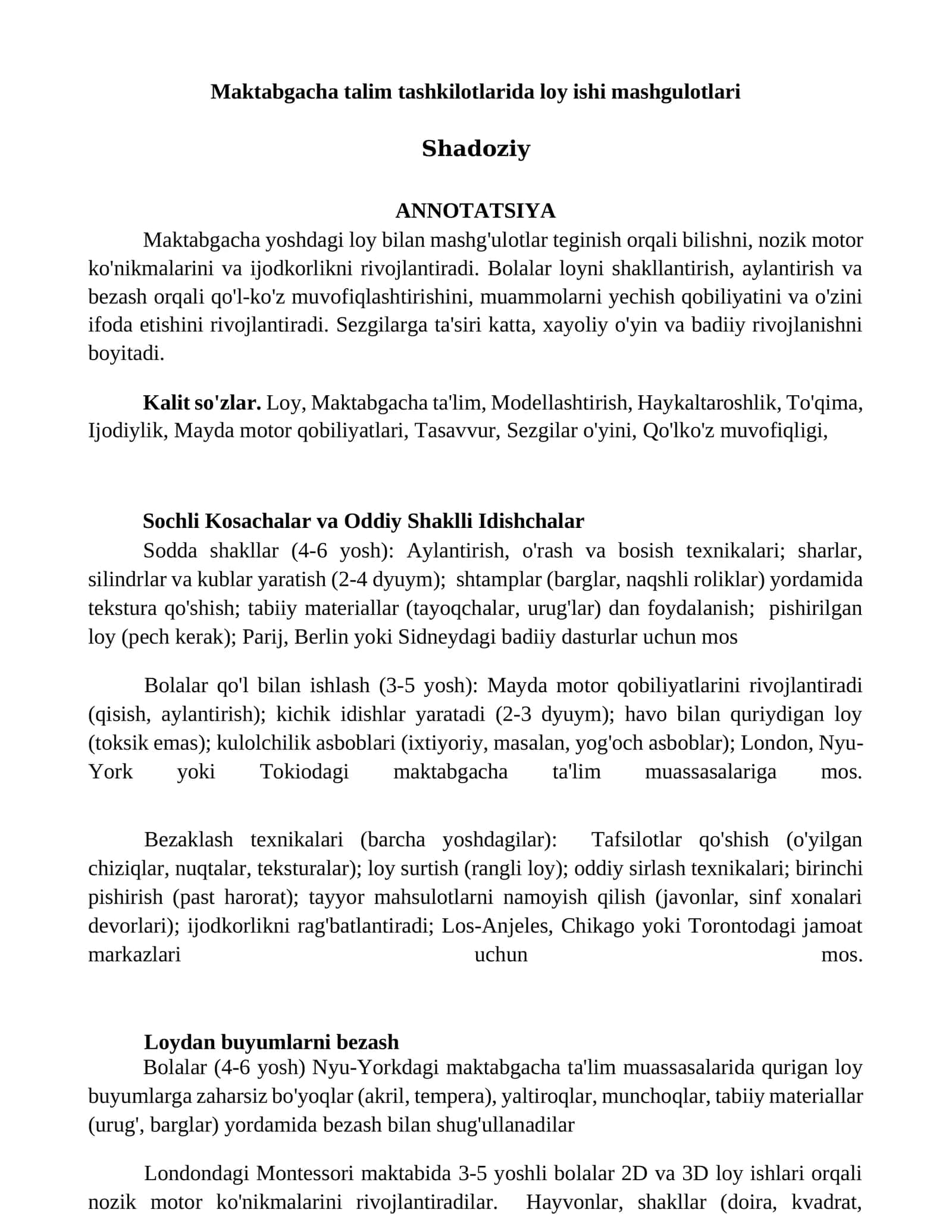 Maktabgacha talim tashkilotlarida loy ishi mashgulotlari