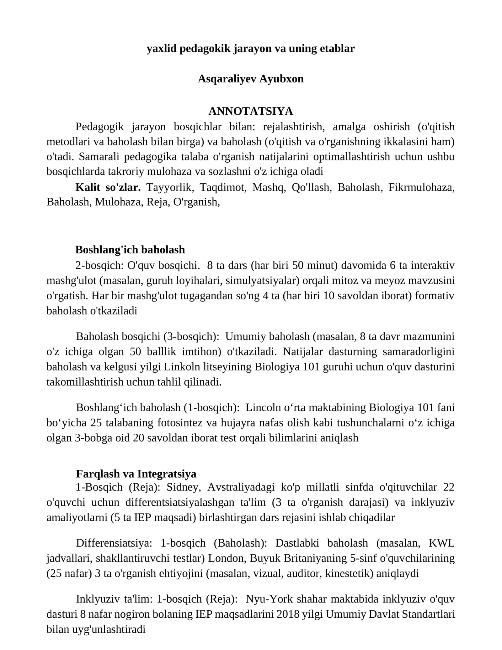Yaxshi pedagogik jarayon va uning etaplar