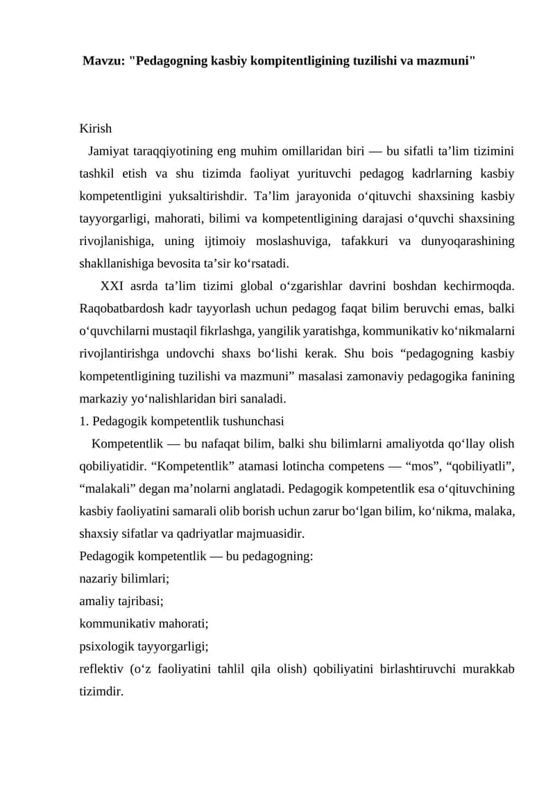 Pedagogning kasbiy kompitentligining tuzilishi va mazmuni