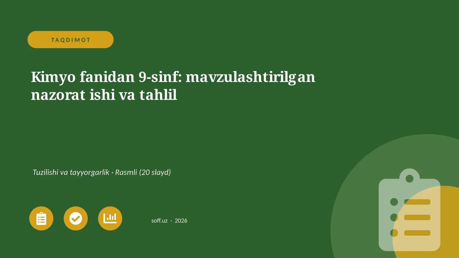 Kimyo fanidan 9-sinf: mavzulashtirilgan nazorat ishi va tahlil