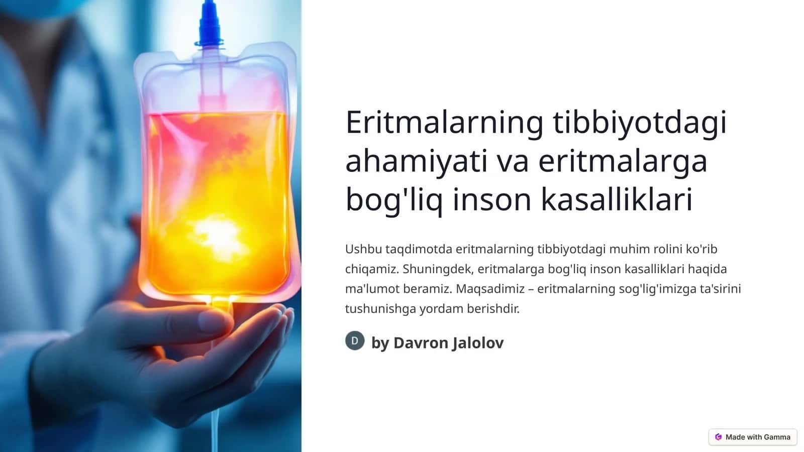 Eritmalarning tibbiyotdagi ahamiyati va eritmalarga bog'liq inson kasalliklari