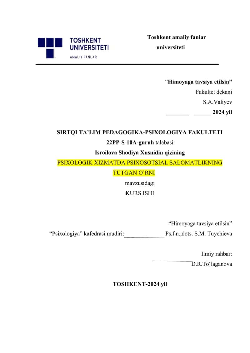 PSIXOLOGIK XIZMATDA PSIXOSOTSIAL SALOMATLIKNING TUTGAN O’RNI