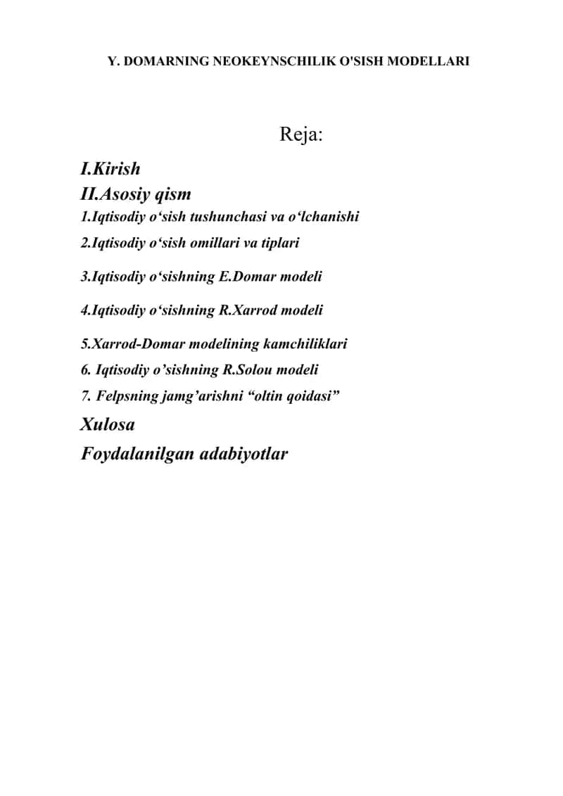 Y. DOMARNING NEOKEYNSCHILIK O'SISH MODELLARI
