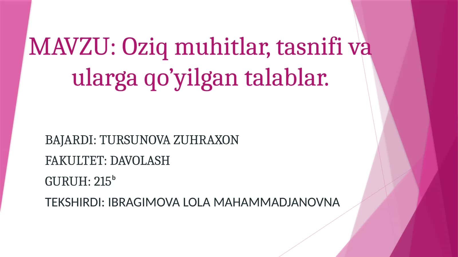 Oziq muhitlar, tasnifi va ularga qo’yilgan talablar