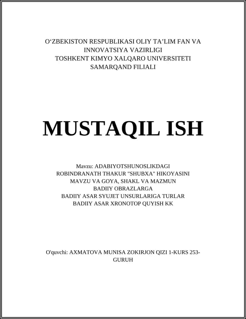 "Shubxa" hikoyasini mavzu va goya tahlili