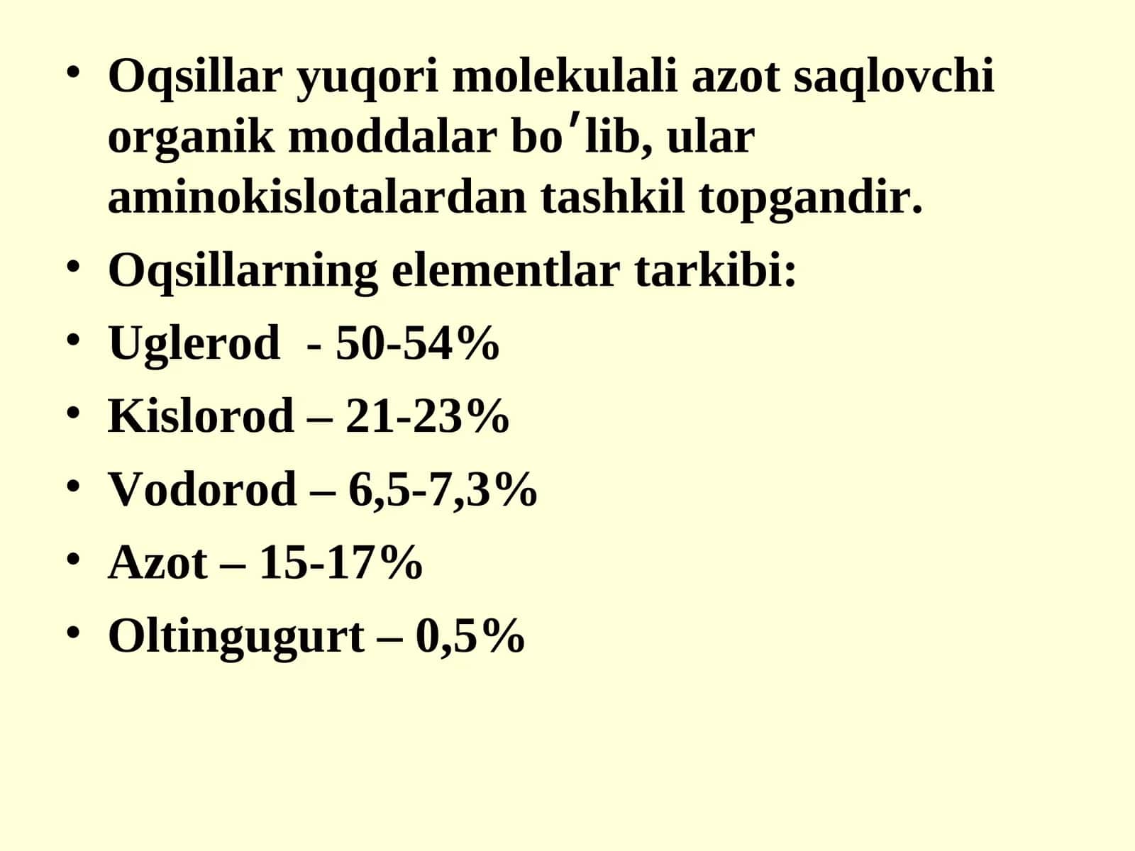 Oqsillar yuqori molekulali azot saqlovchi organik moddalar
