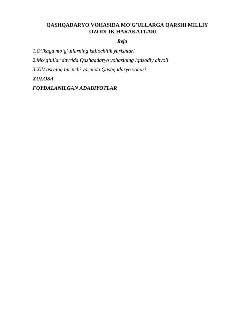 QASHQADARYO VOHASIDA MO'G'ULLARGA QARSHI MILLIY -OZODLIK HARAKATLARI