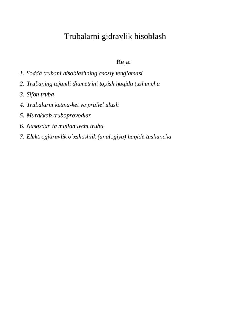 Trubalarni gidravlik hisoblash