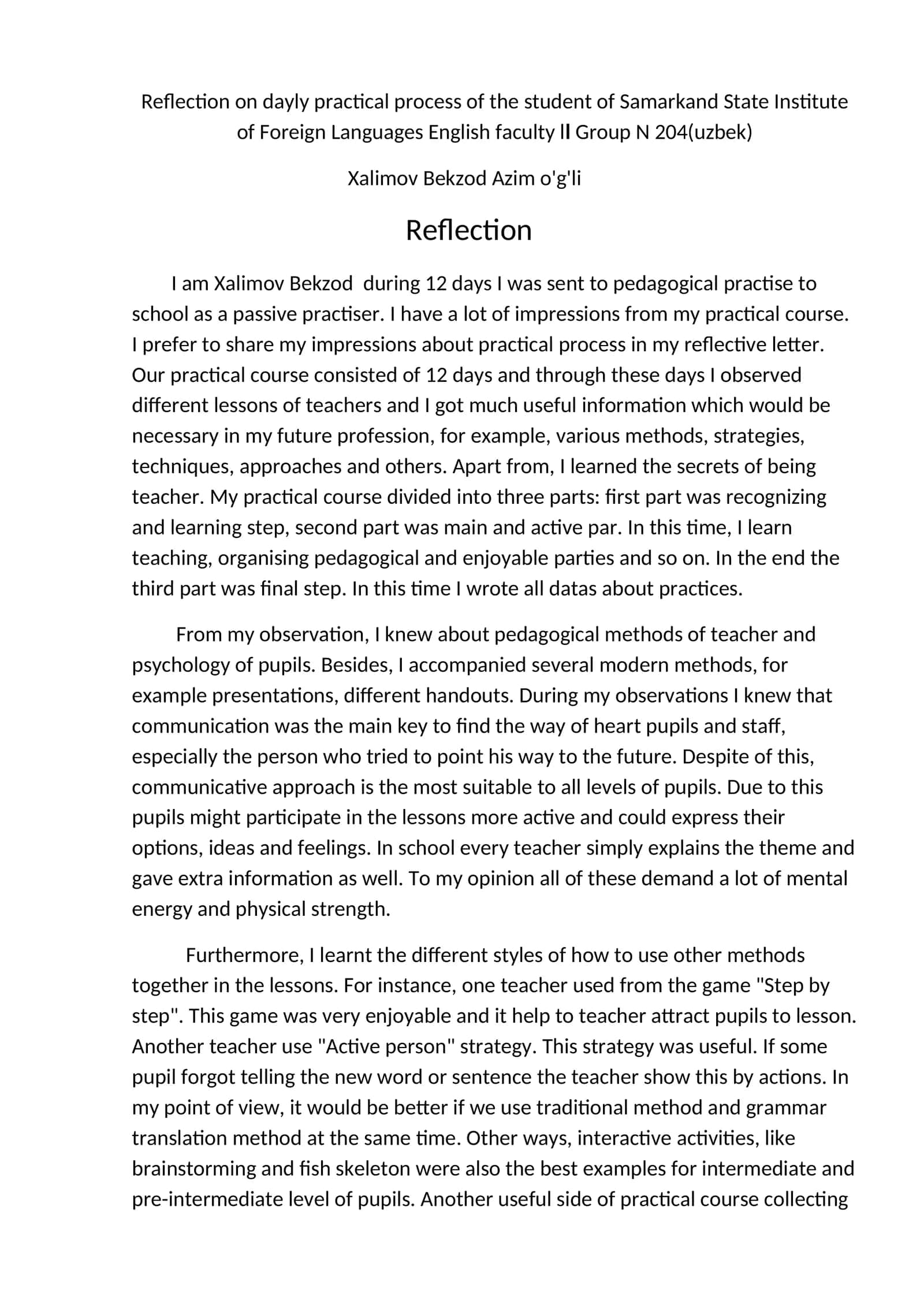 Reflection on dayly practical process of the student of Samarkand State Institute of Foreign Languages English faculty ll Group N 204(uzbek)