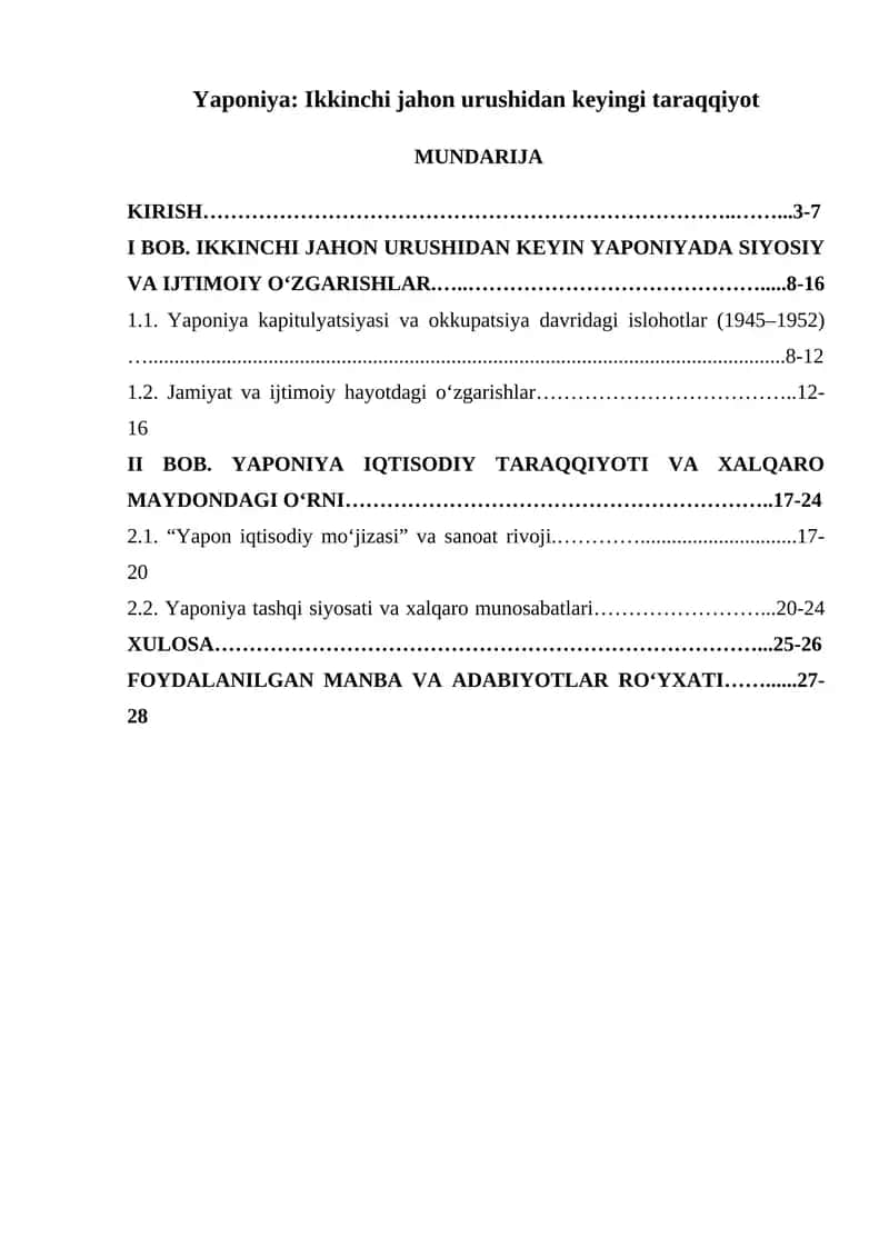 Yaponiya Ikkinchi jahon urushidan keyingi taraqqiyot Kurs ishi