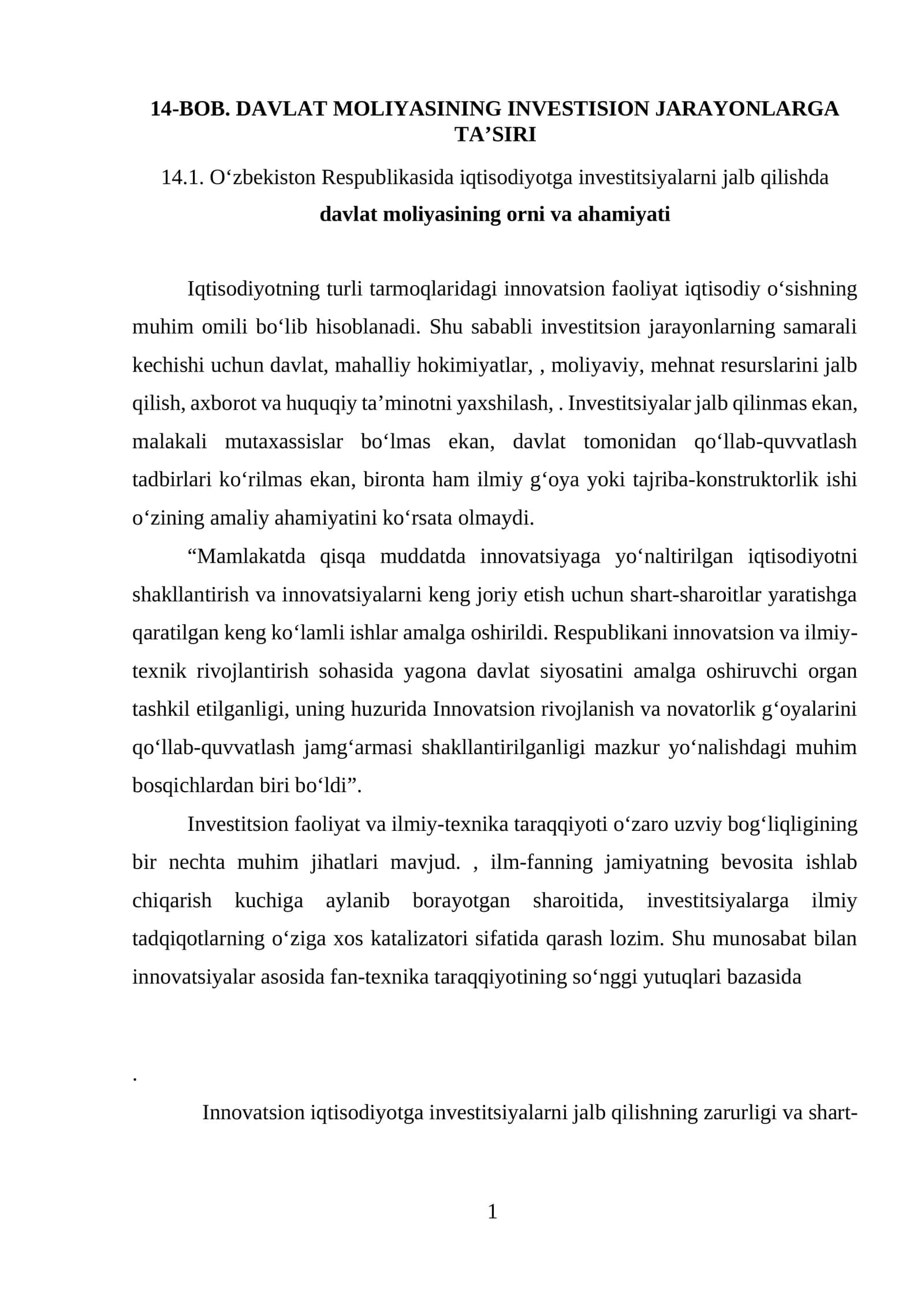O‘zbekiston Respublikasida iqtisodiyotga investitsiyalarni jalb qilishda davlat moliyasining orni va ahamiyati