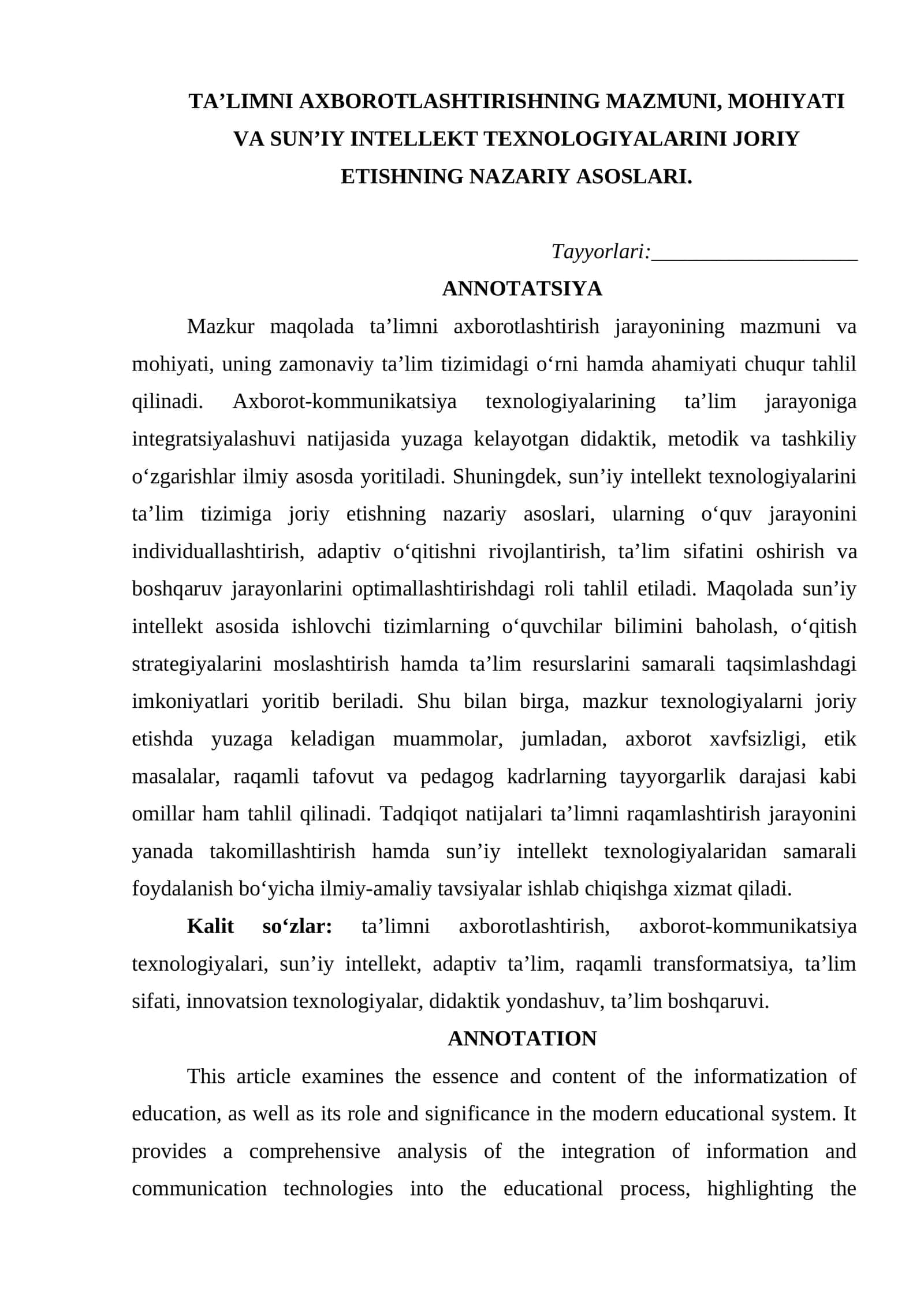 TA’LIMNI AXBOROTLASHTIRISHNING MAZMUNI, MOHIYATI VA SUN’IY INTELLEKT TEXNOLOGIYALARINI JORIY ETISHNING NAZARIY ASOSLARI.